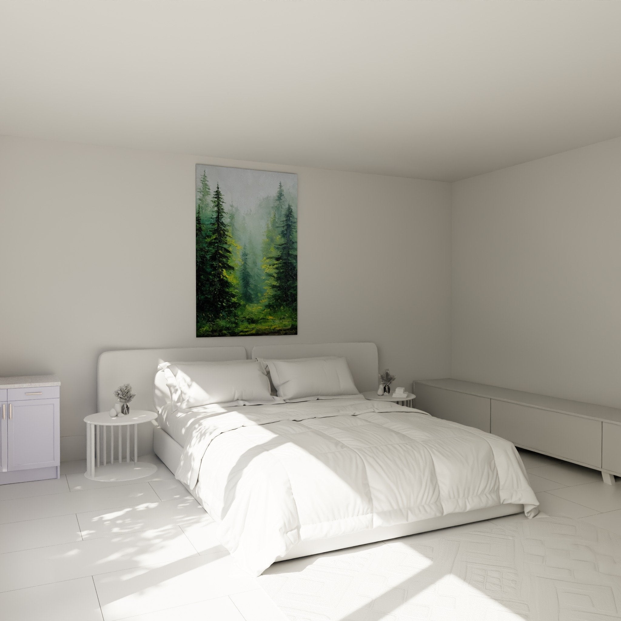 Wanddekoration nebeliger Wald Schlafzimmer Feng Shui Holz Zen-Atmosphäre beruhigende grüne Natur