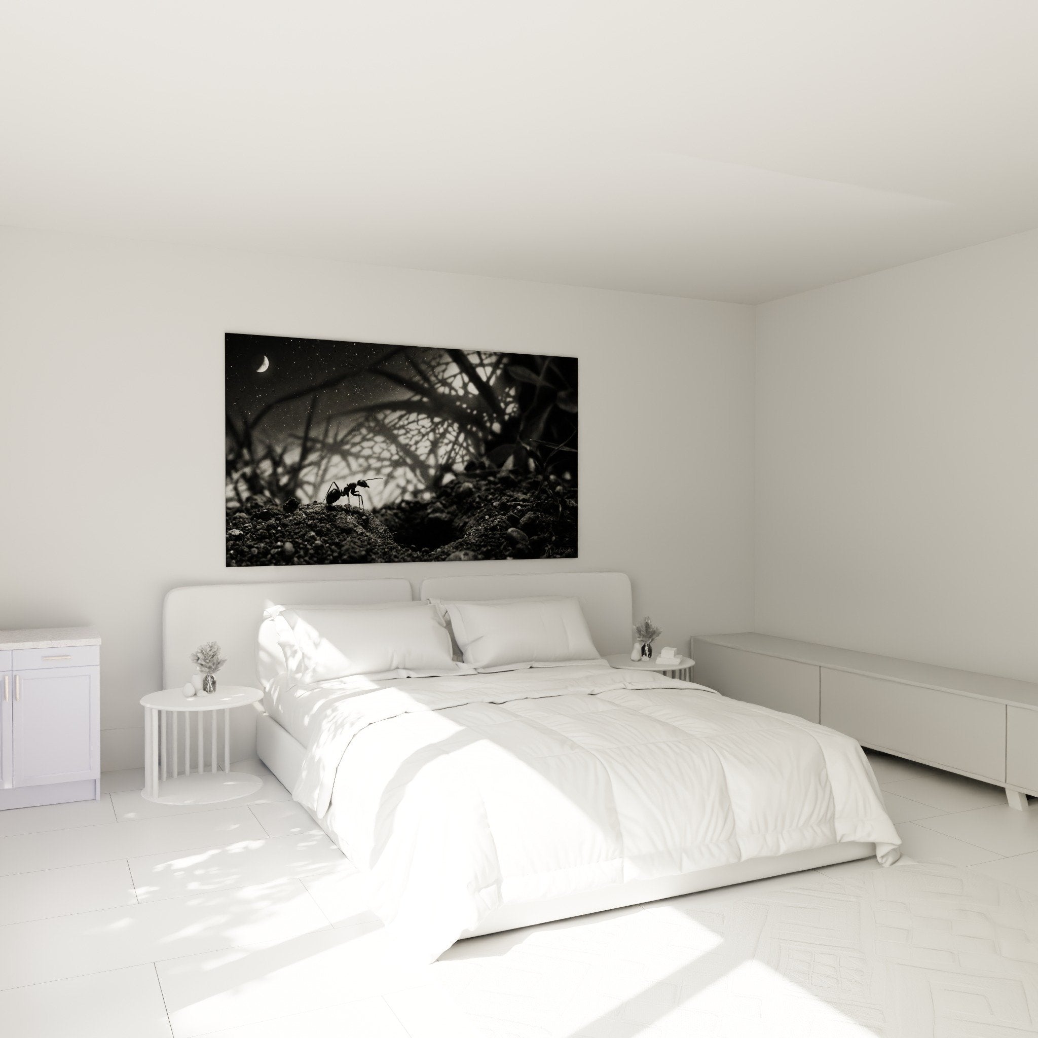 Schlafzimmer Dekoration Gemälde Ameise Schwarzweiß Mond Sterne beruhigende Zen-Atmosphäre helle graue Wand