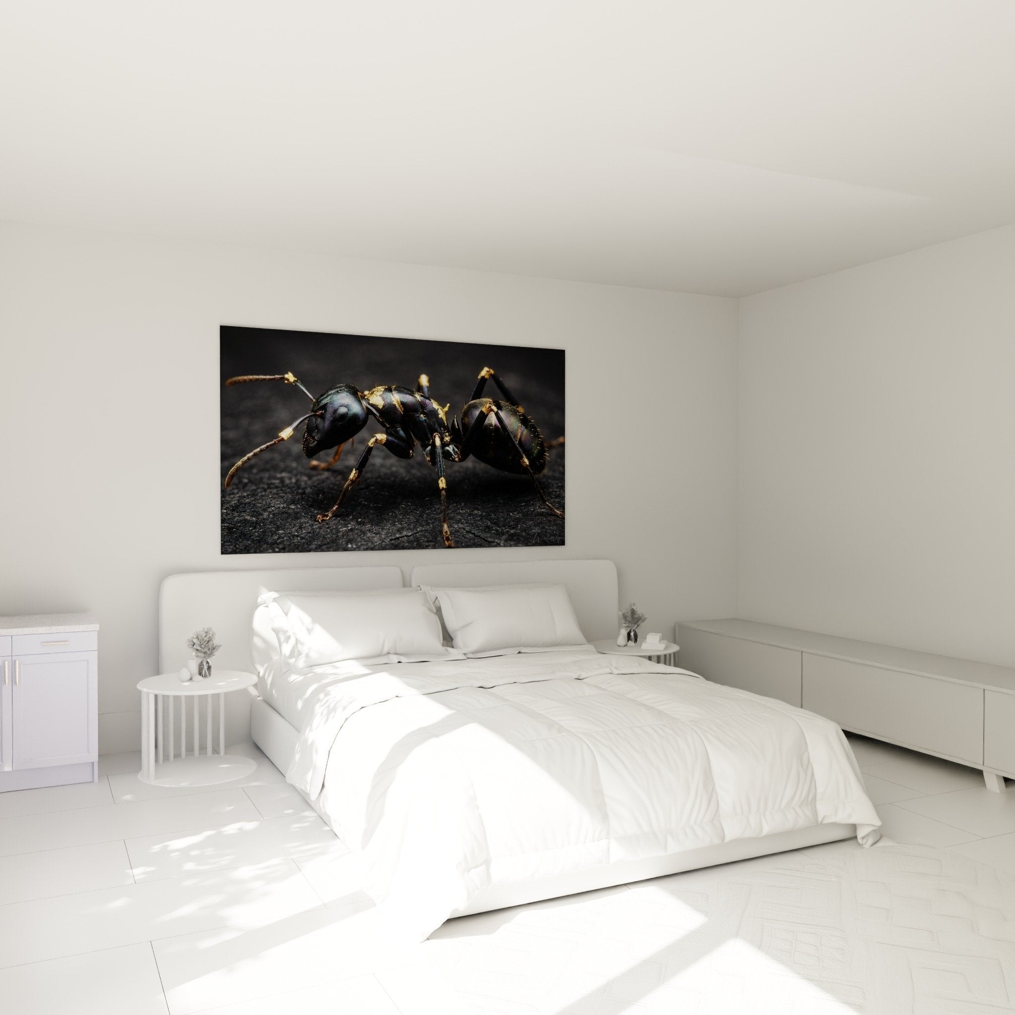 Golden metallic ant wall decoration in modern industrial style bedroom naturalistic artwork