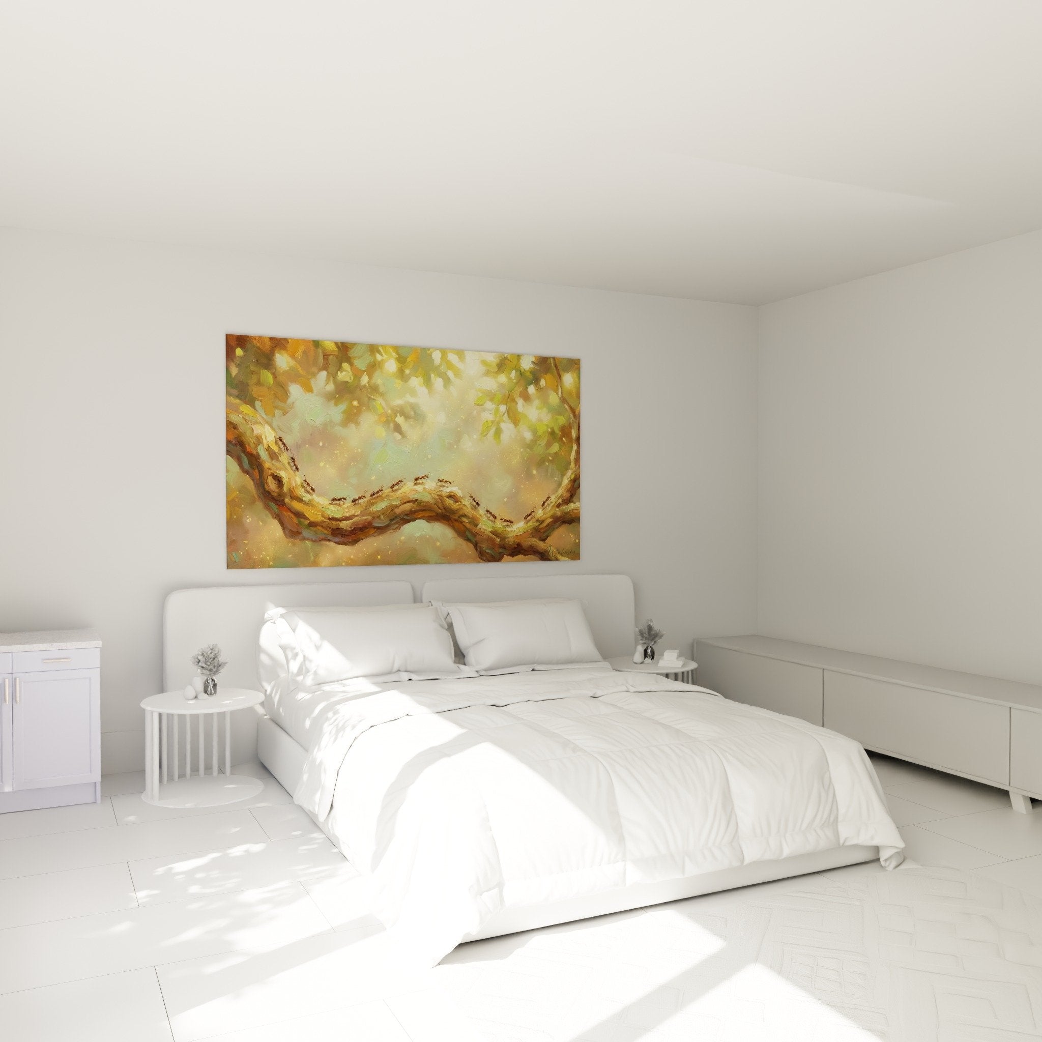 Decoration murale fourmis sur branche doree dans chambre moderne ambiance chaleureuse naturelle apaisante
