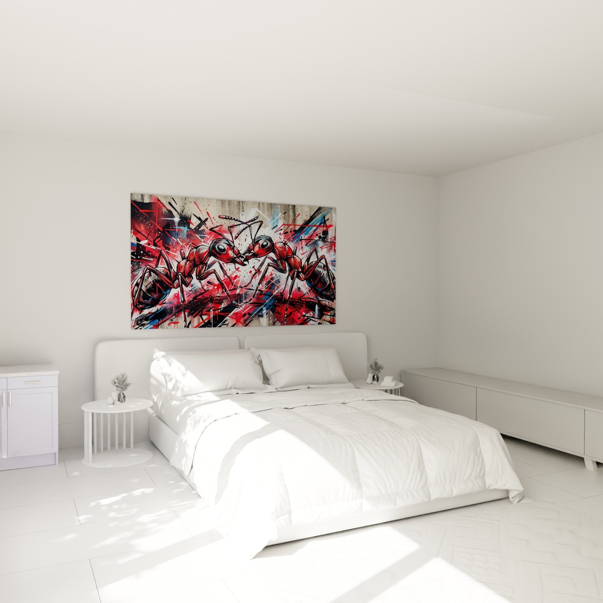 Schlafzimmer Dekoration Kunstwerk rote Ameisen urbaner Graffiti-Stil weiße Wand modernes Ambiente