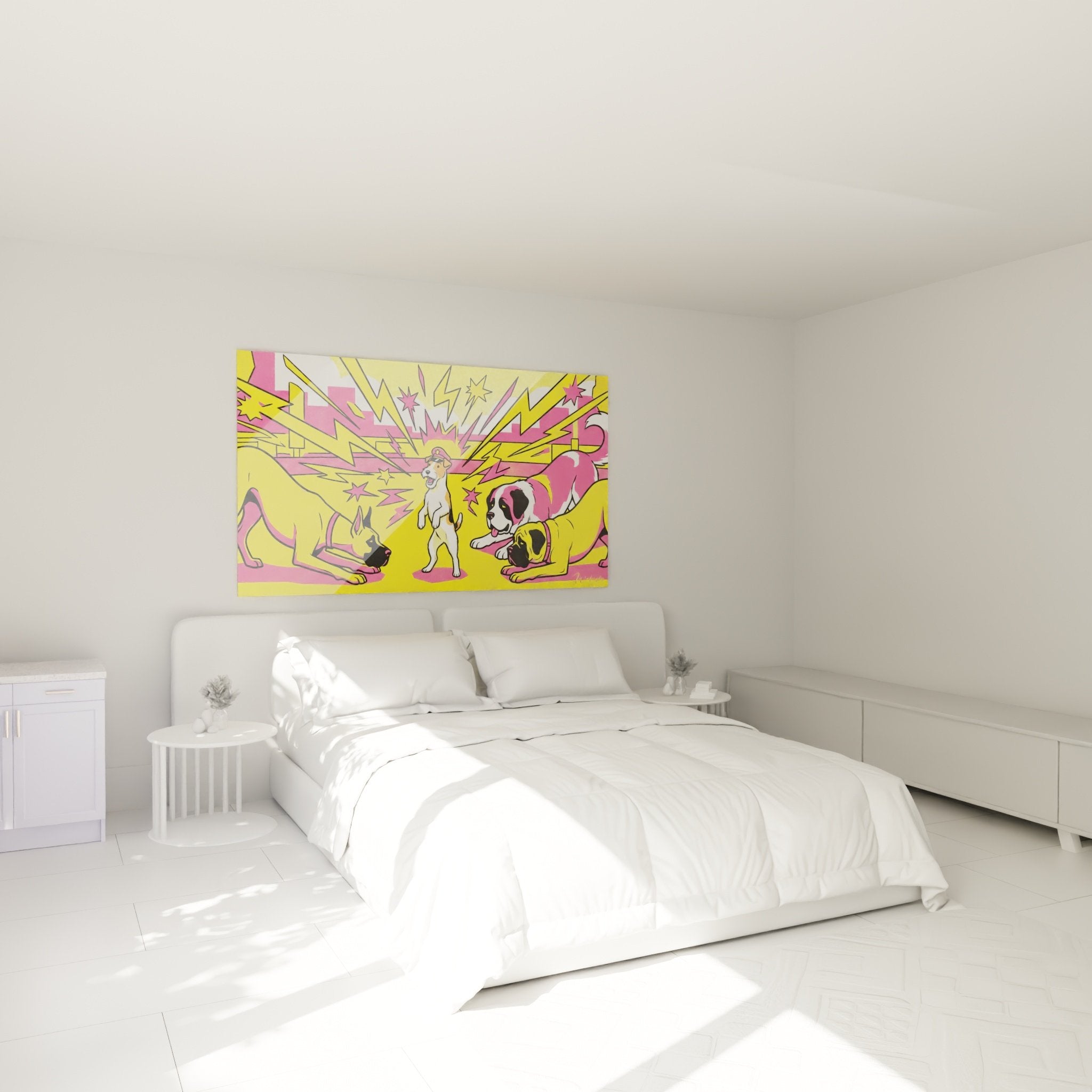 Tableau Fox Terrier pop art chambre décoration murale couleurs vives jaune rose énergie