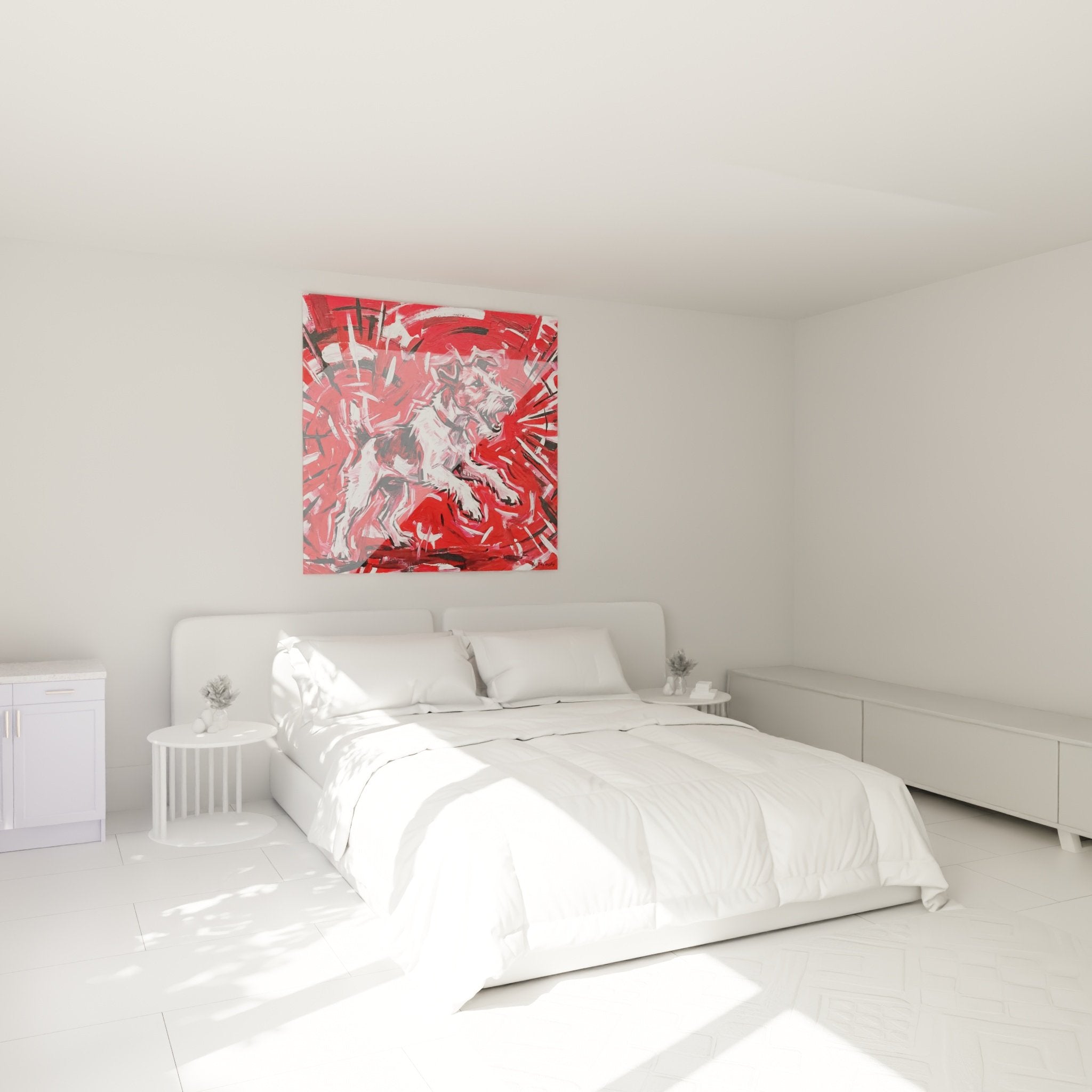 Décoration chambre avec tableau Fox Terrier rouge et blanc, art canin moderne sur mur clair dans intérieur contemporain