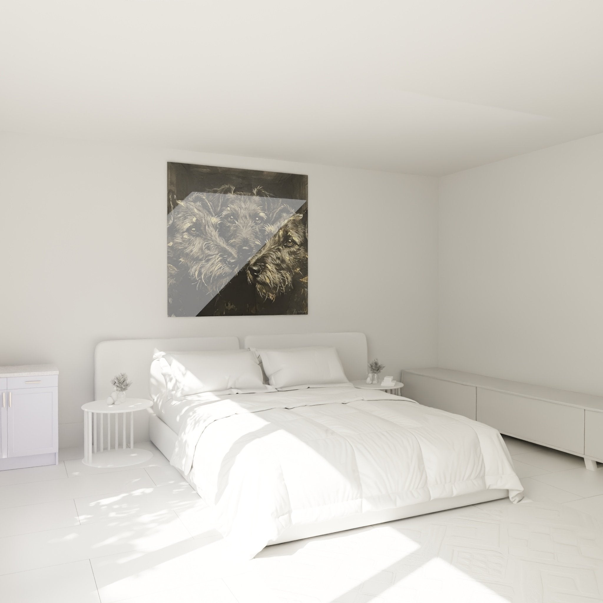 Deco chambre tableau trois fox terriers gris touches dorees ambiance chaleureuse elegante
