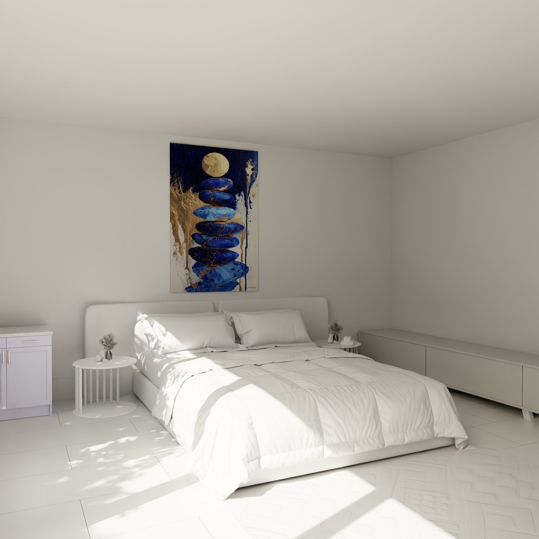 Tableau galets bleus dorés chambre mur blanc décoration murale feng shui méditation sérénité zen