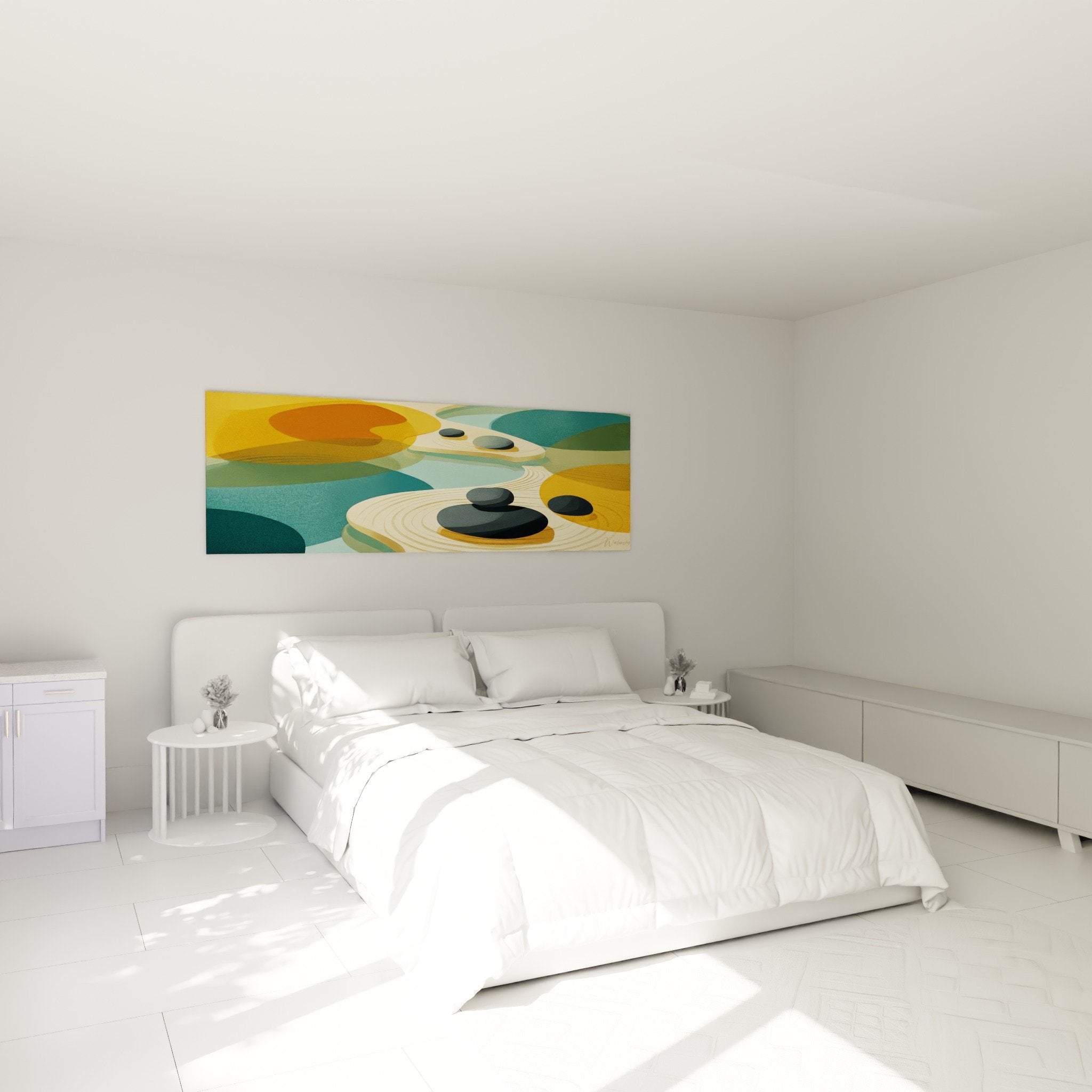 Decoration murale chambre galets zen cercles dores ambiance apaisante teal orange