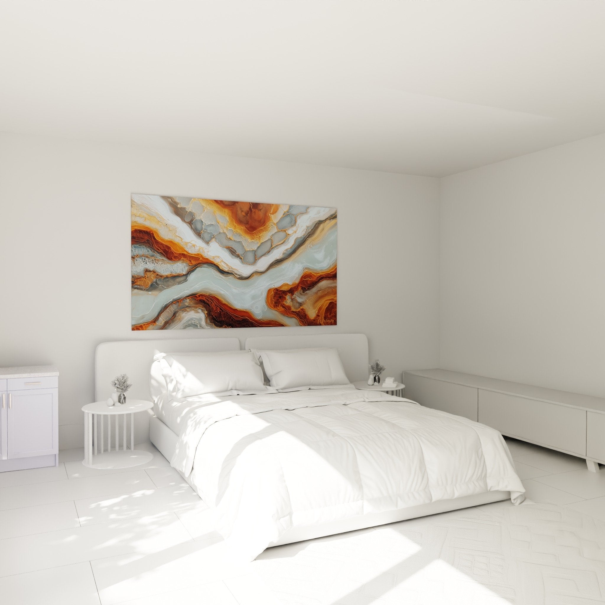 Décoration chambre tableau abstrait géode minérale oranges grises harmonisation feng shui