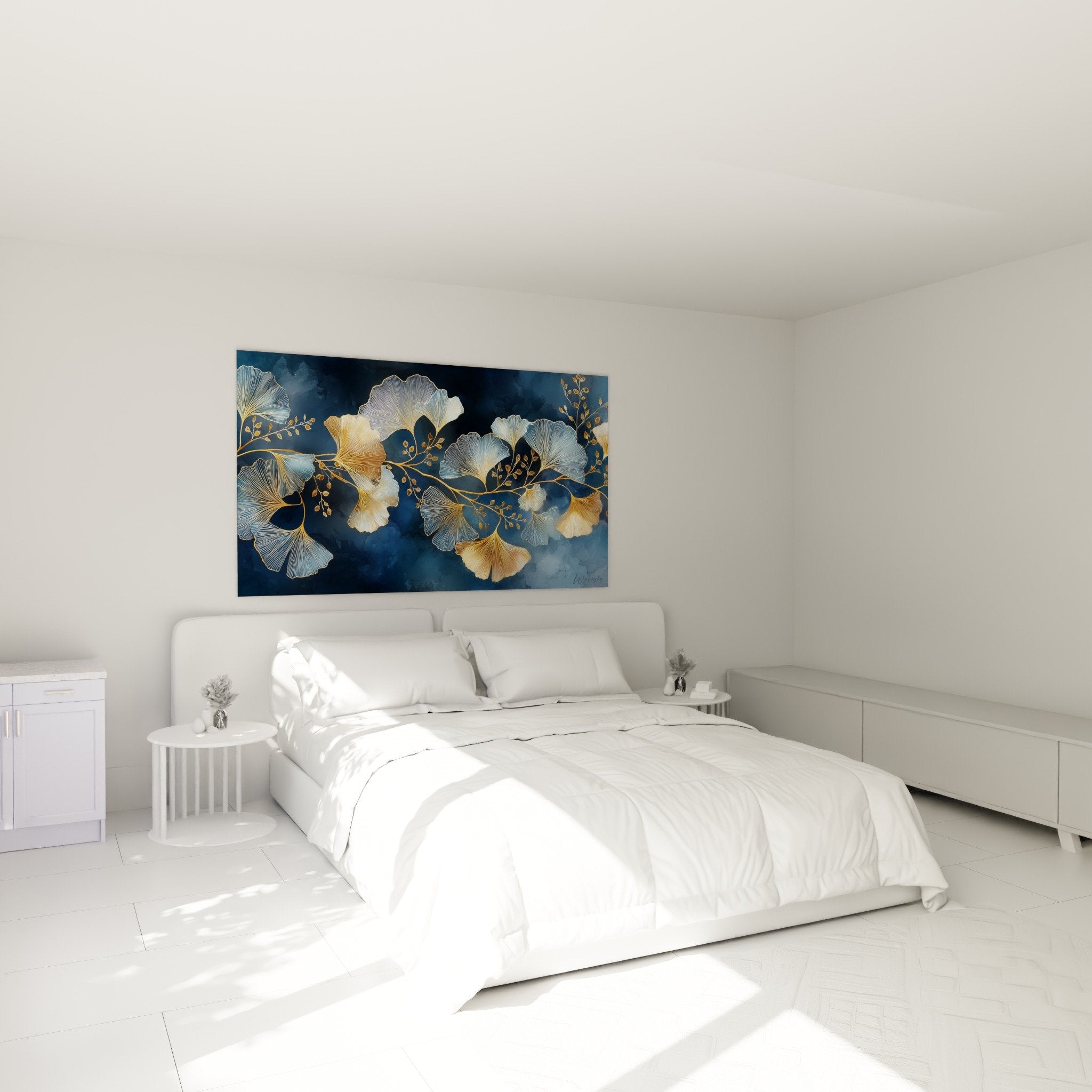 Décoration murale ginkgo doré bleu dans chambre moderne ambiance zen et apaisante style contemporain