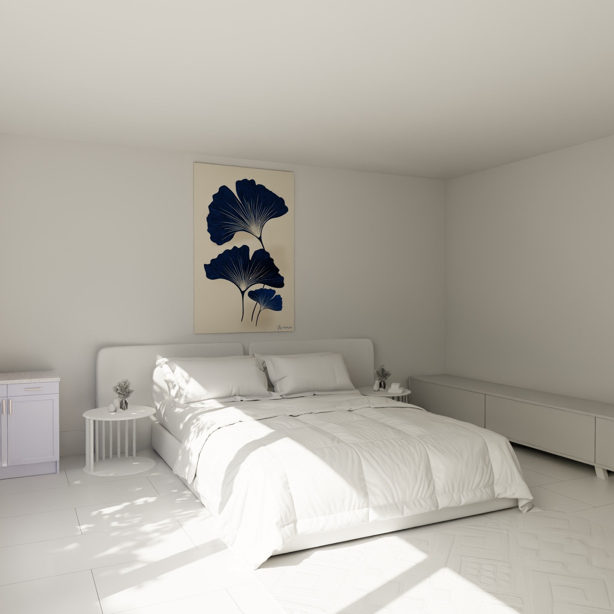 Decoration chambre tableau ginkgo bleu marine feuilles stylisees ambiance zen nature murale