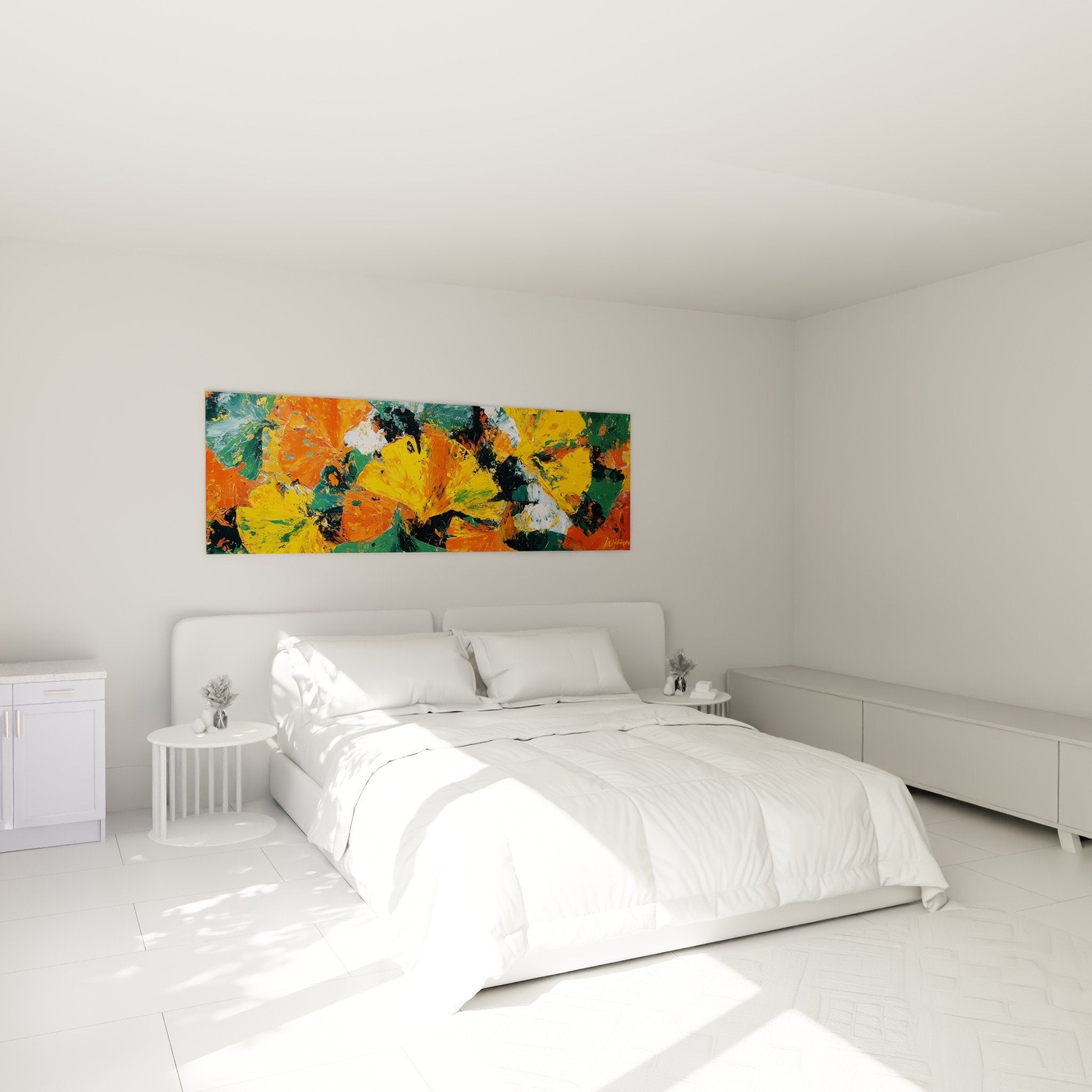 Decoration murale ginkgo couleurs chaudes dans chambre moderne ambiance automnale chaleureuse