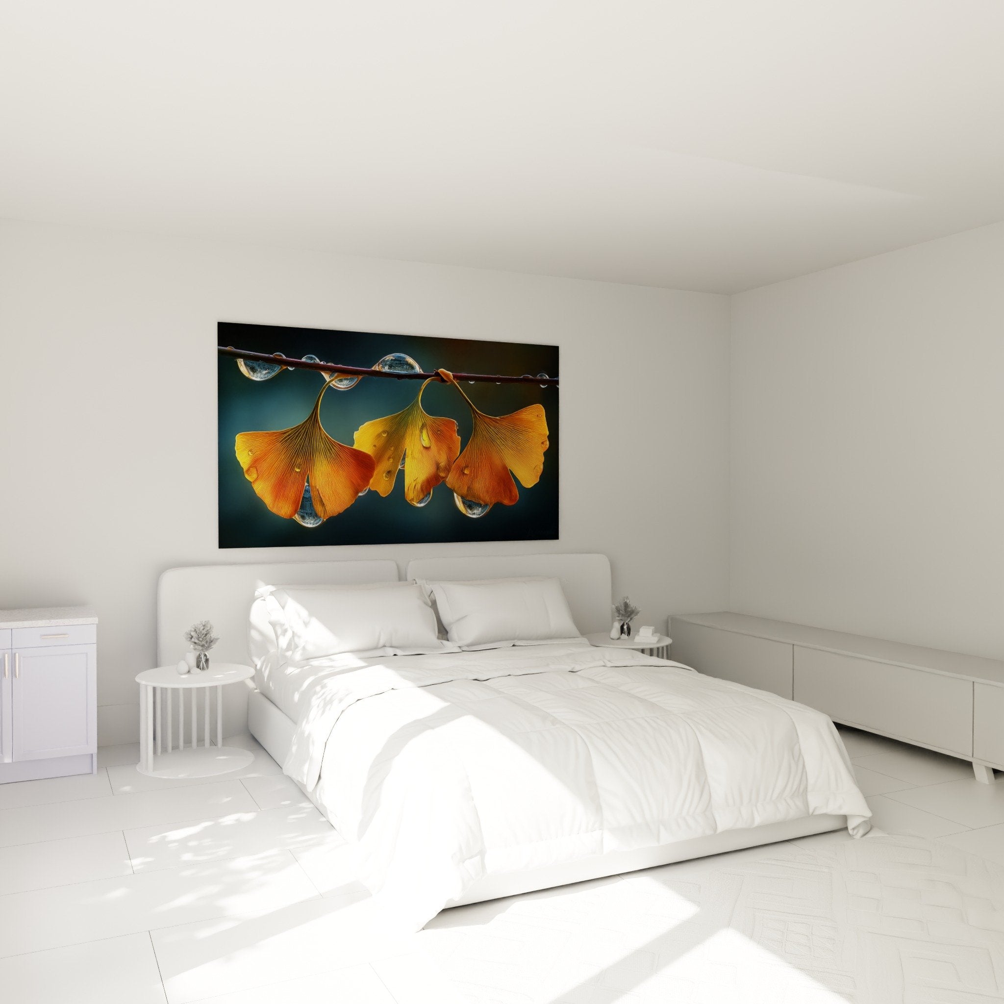 Deco chambre tableau ginkgo dore gouttes eau ambiance apaisante naturelle mur blanc mobilier bois