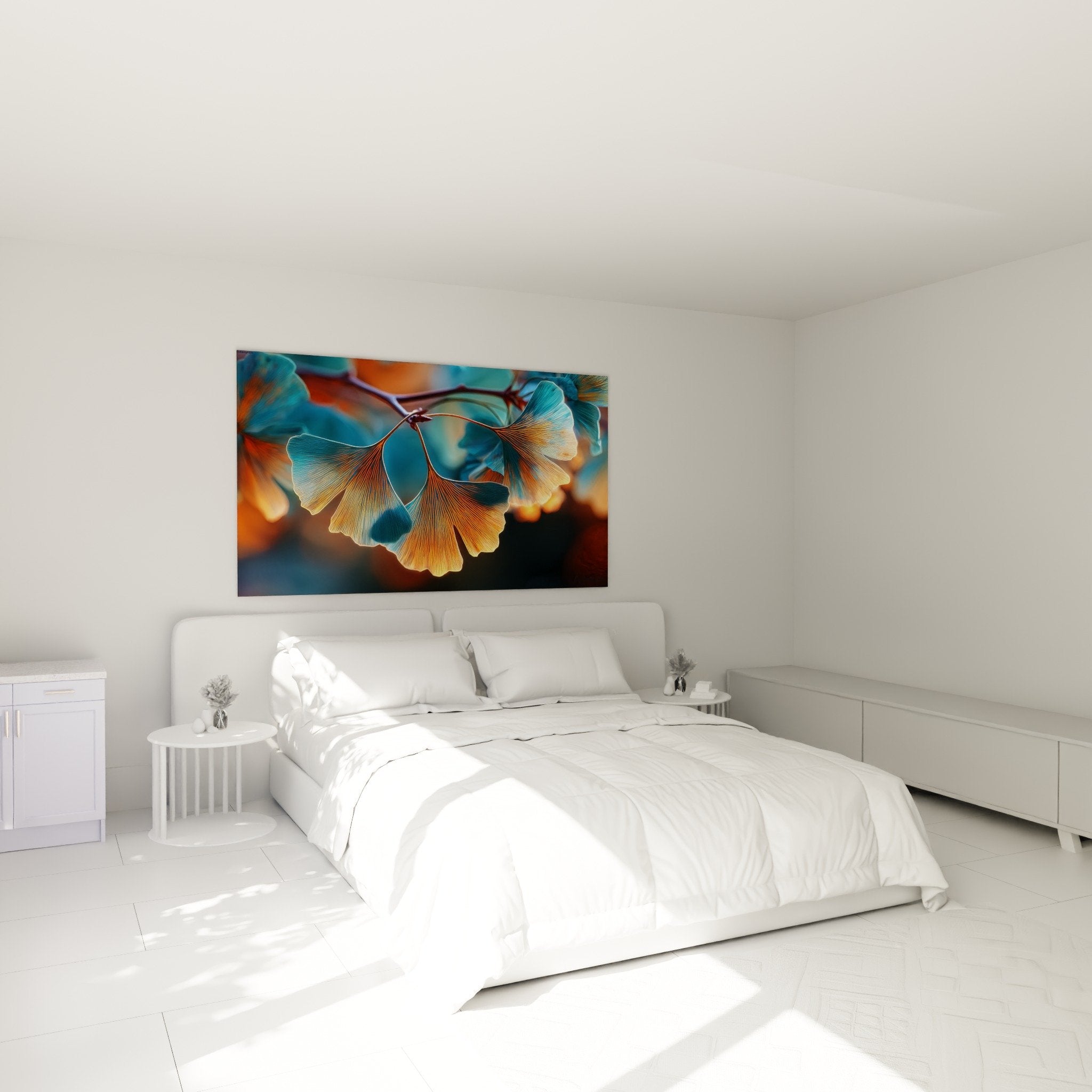 Decoration chambre tableau ginkgo dore turquoise ambiance zen nature moderne art mural apaisant