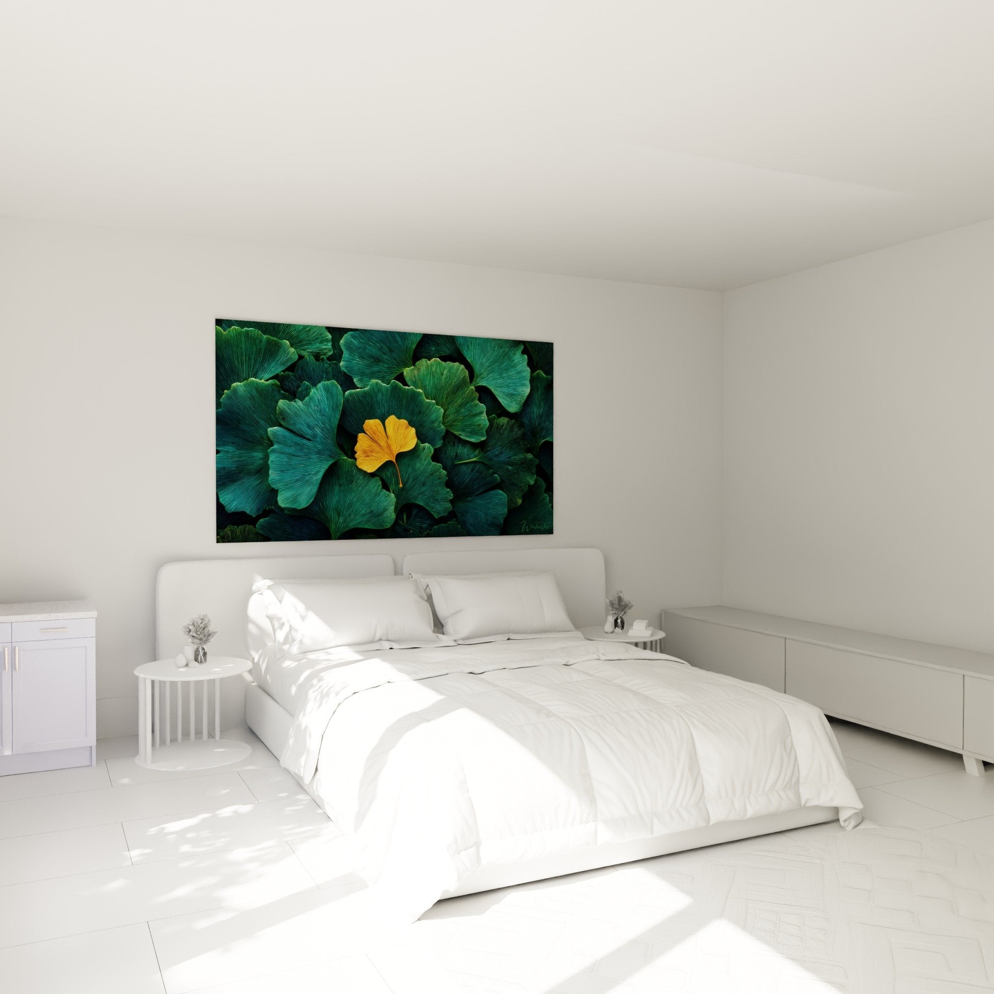 Decoration murale ginkgo dore et vert dans chambre moderne ambiance zen et apaisante