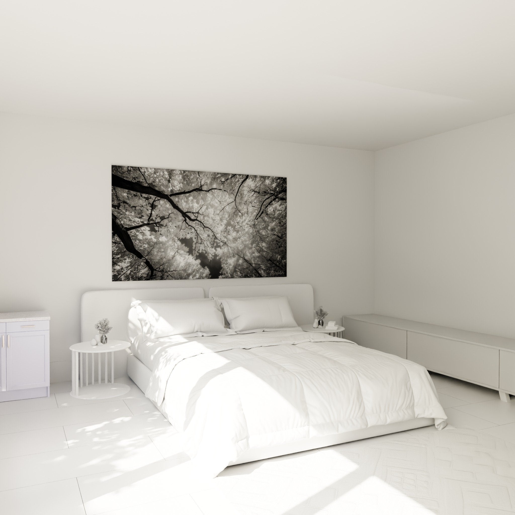 decoration murale ginkgo noir blanc chambre moderne feuillage perspective verticale