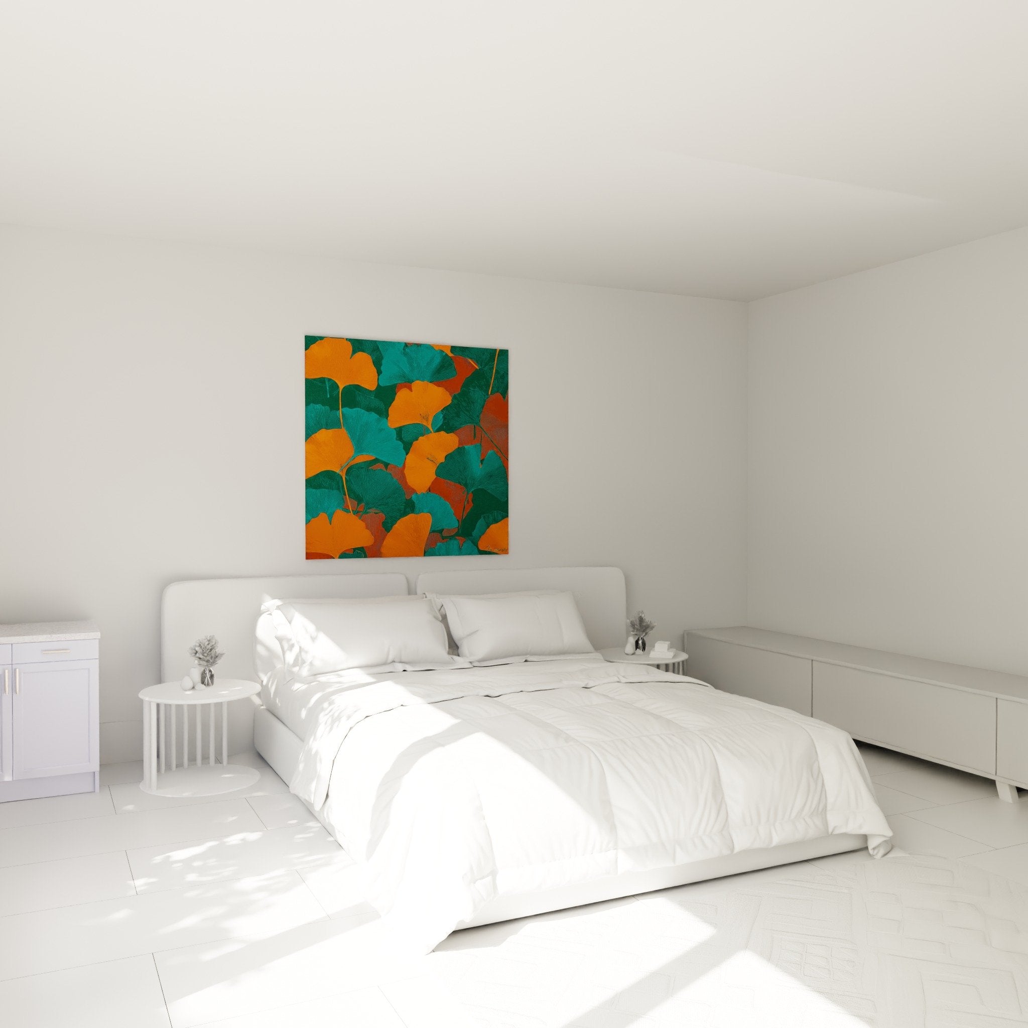 Decoration murale ginkgo orange turquoise dans chambre moderne ambiance zen nature