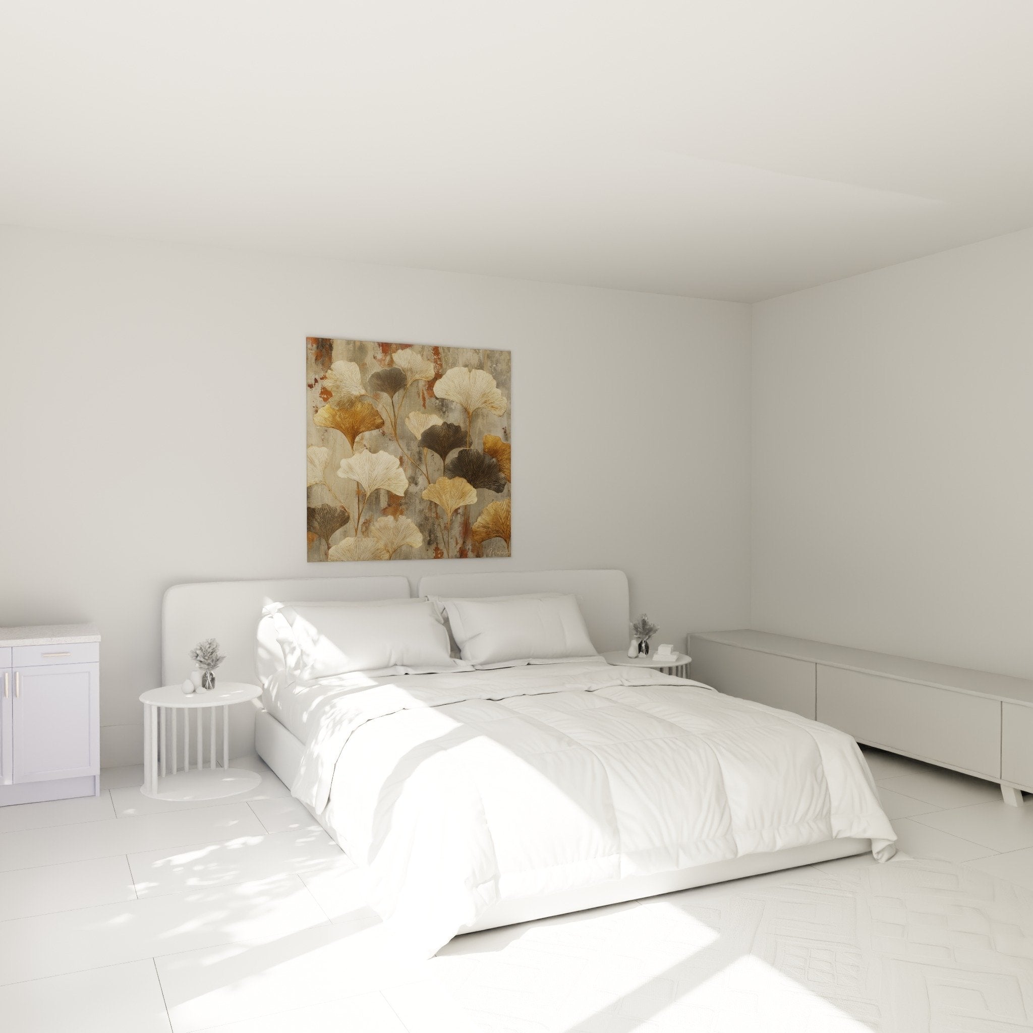 Decoration murale ginkgo tons dores gris chambre ambiance apaisante nature elegante raffinee