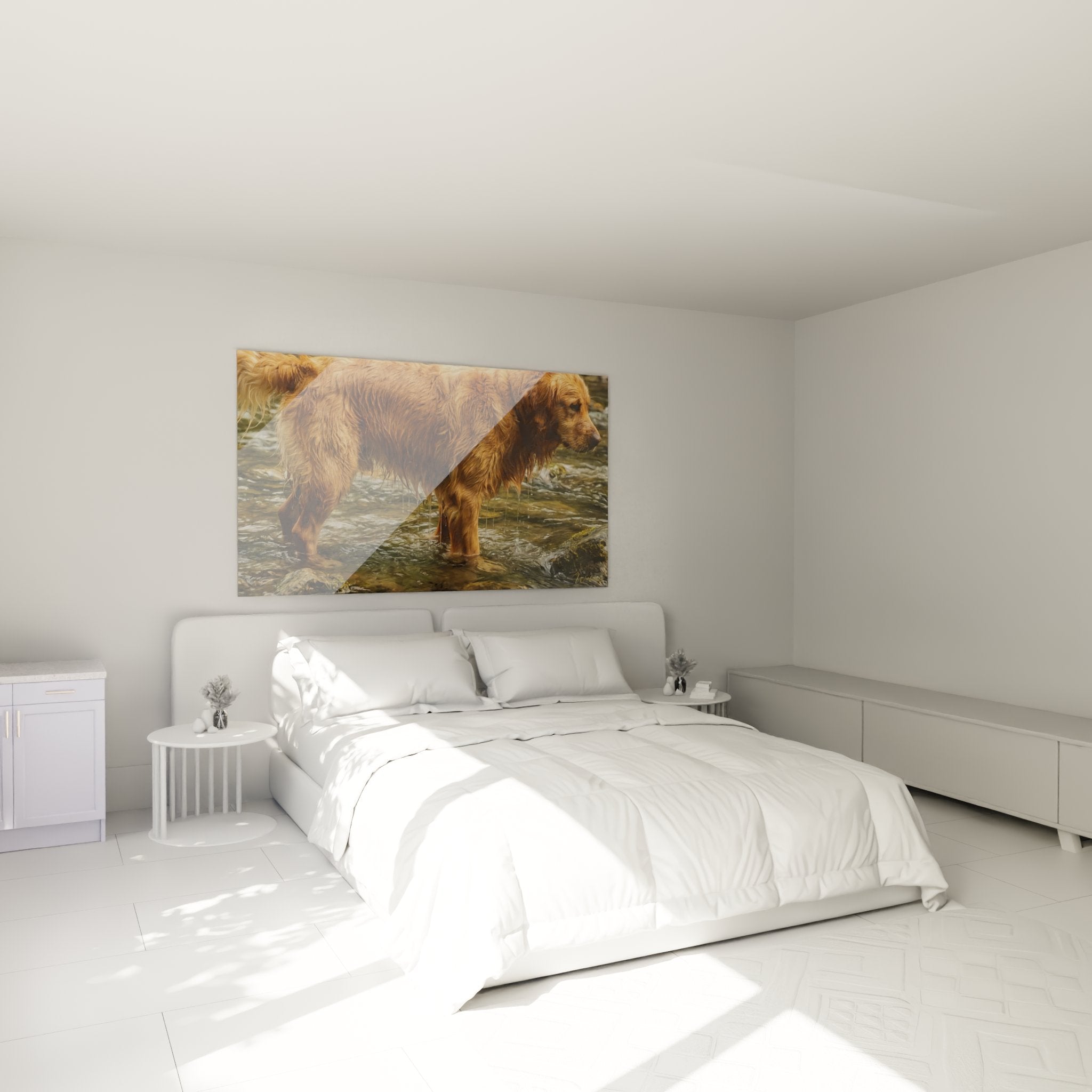 Decorazione camera quadro golden retriever acquatico atmosfera calda pelo dorato bagnato rilassante naturale