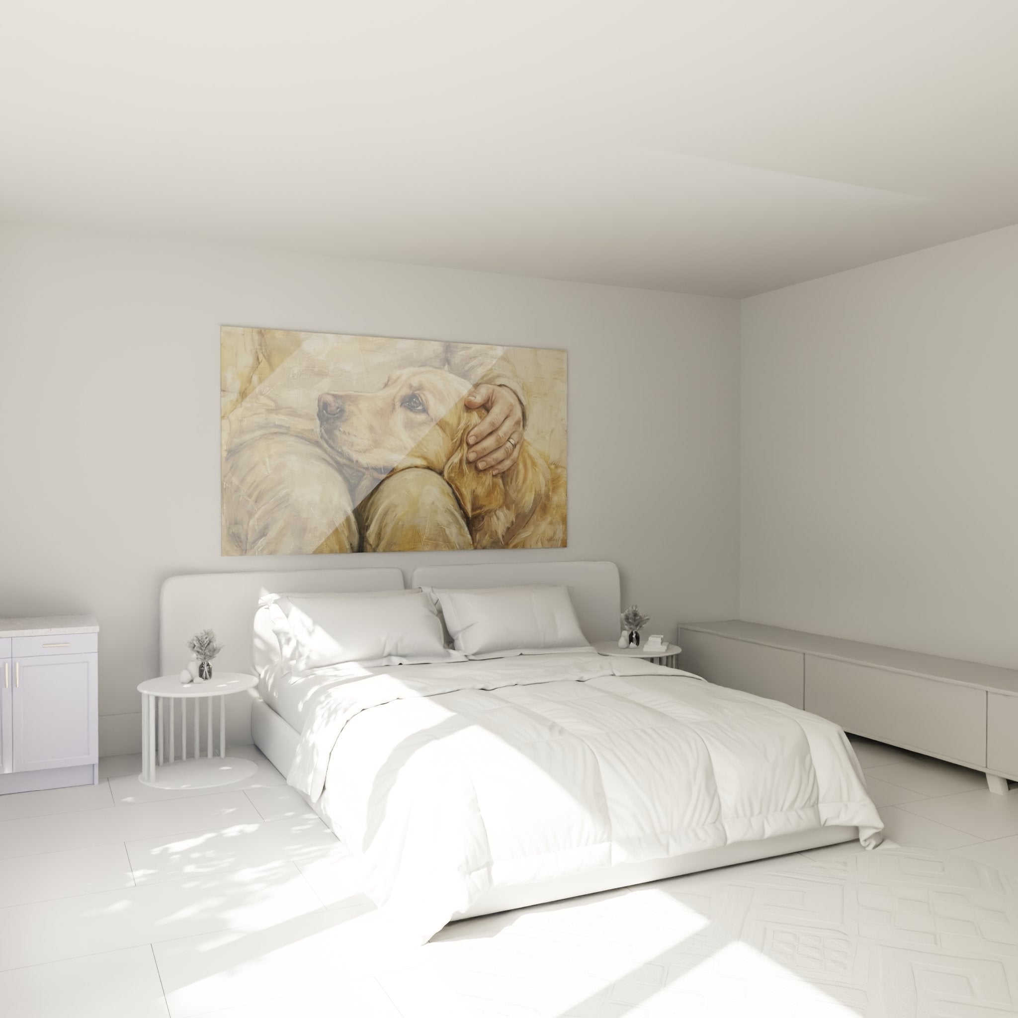 Wanddekoration Golden Retriever Schlafzimmer Beige Goldtöne warme Atmosphäre Hundeliebe