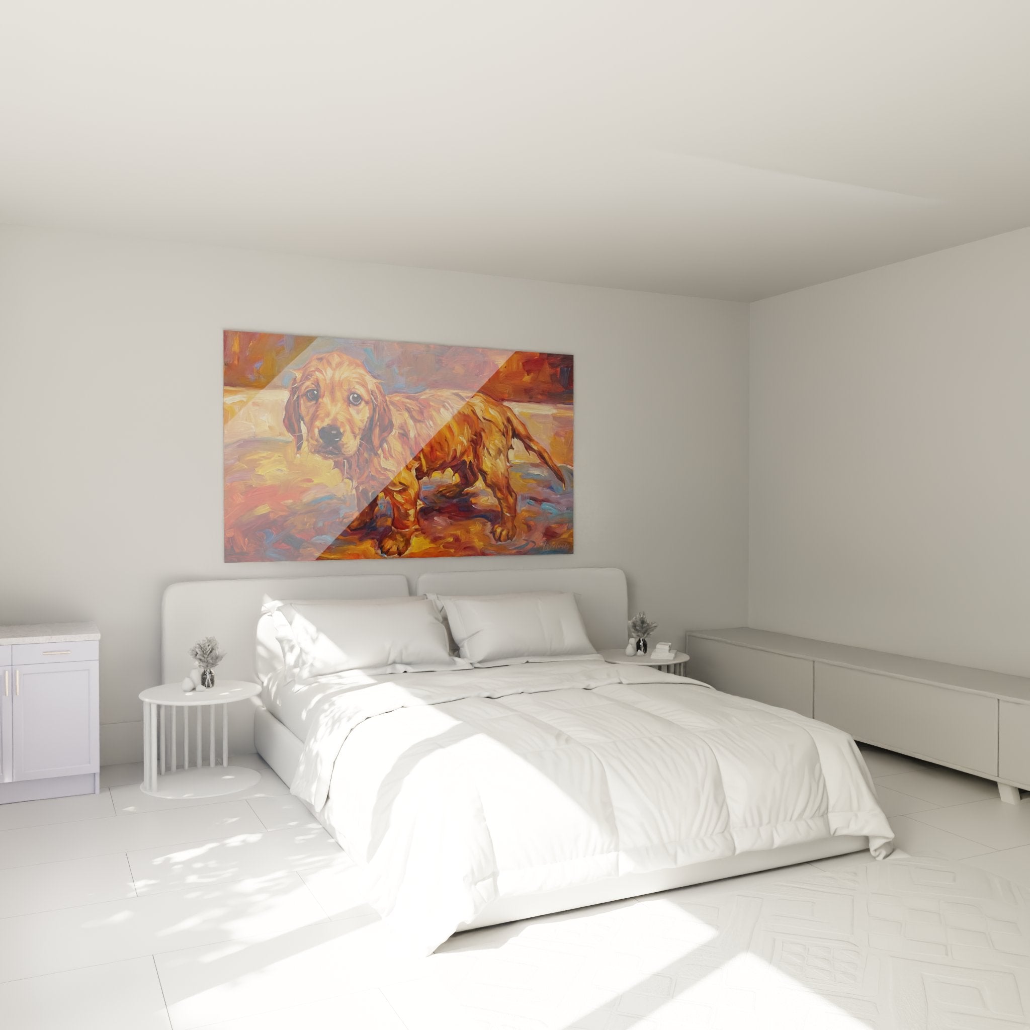 Schlafzimmer Dekoration Golden Retriever Gemälde warme Farben sanfte gemütliche Atmosphäre