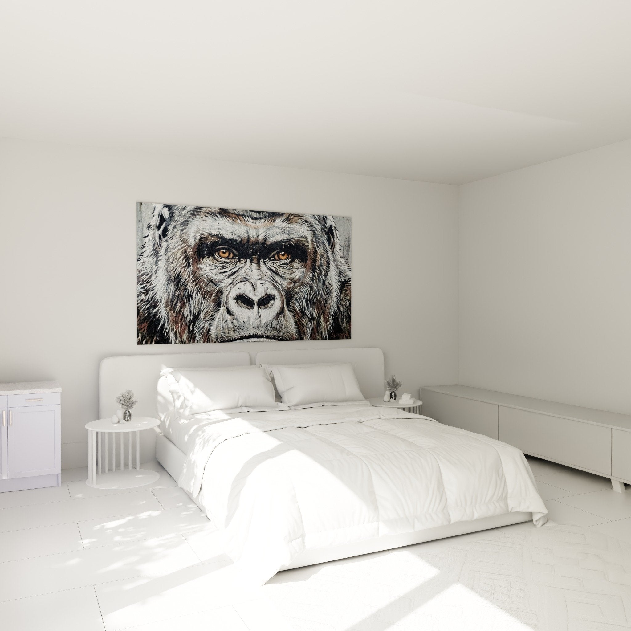 Decoration chambre tableau gorille street art mur blanc ambiance moderne nature