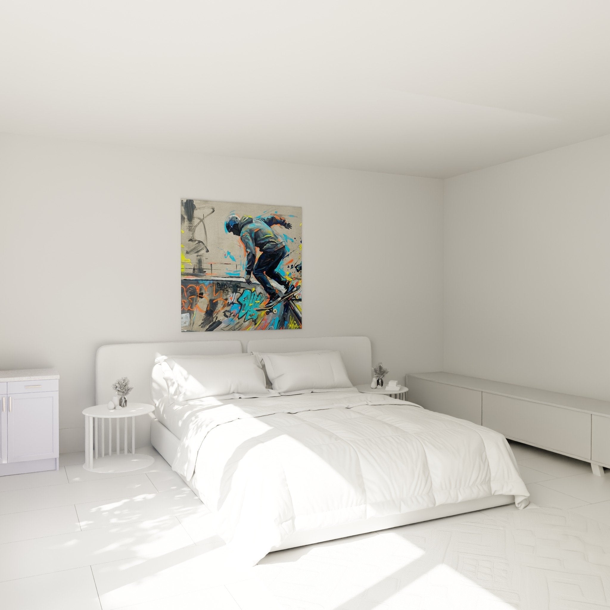 Bunte Graffiti-Wanddekoration in modernem Schlafzimmer im urbanen Brooklyn-Stil