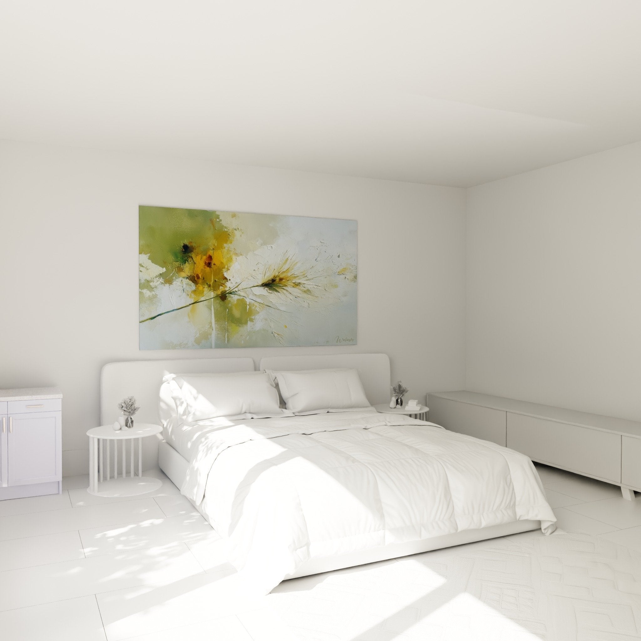 Bedroom wall decor abstract golden grass artwork zen natural ambiance white wall wooden furniture