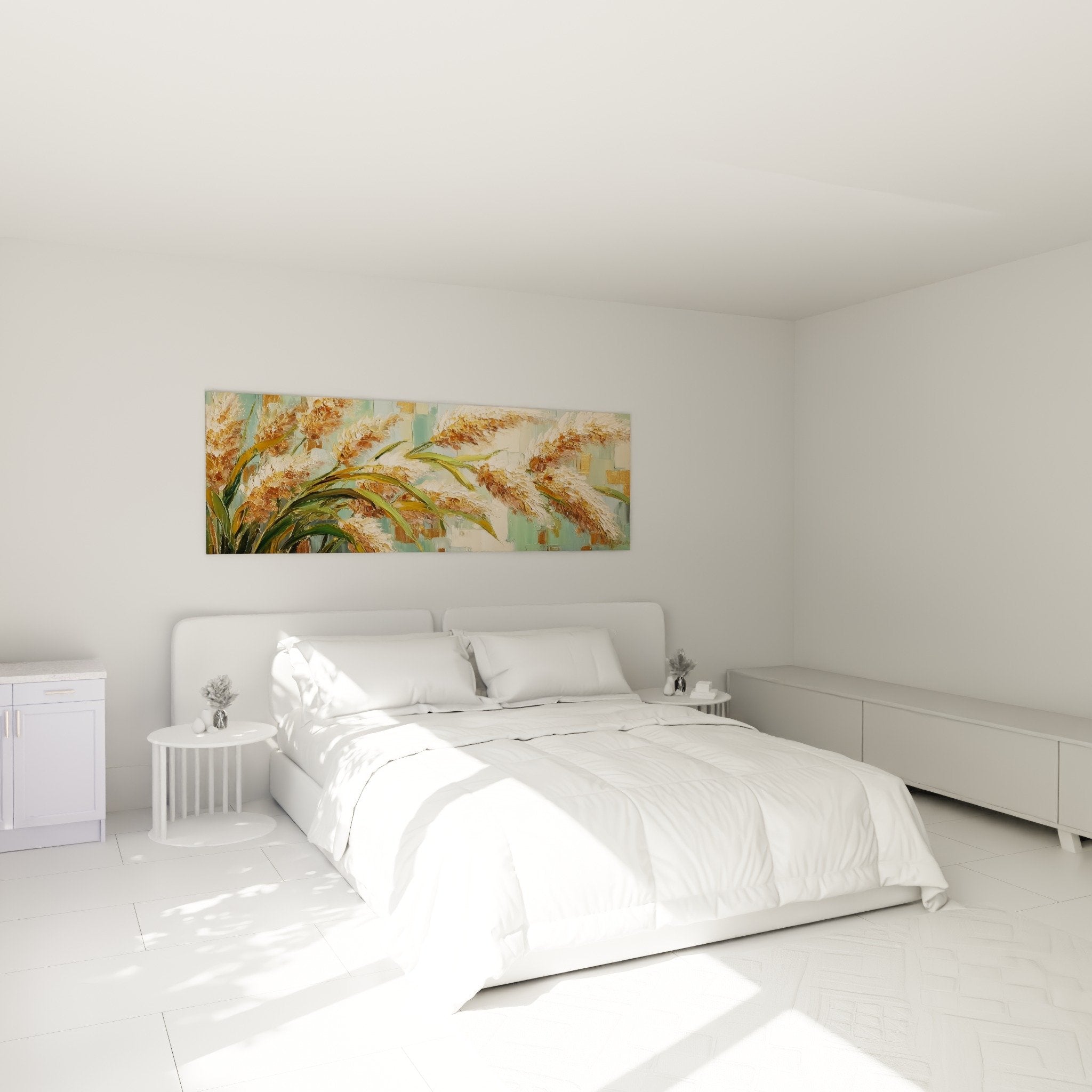 Bedroom decoration with golden grass artwork turquoise - Calming natural ambiance white wall