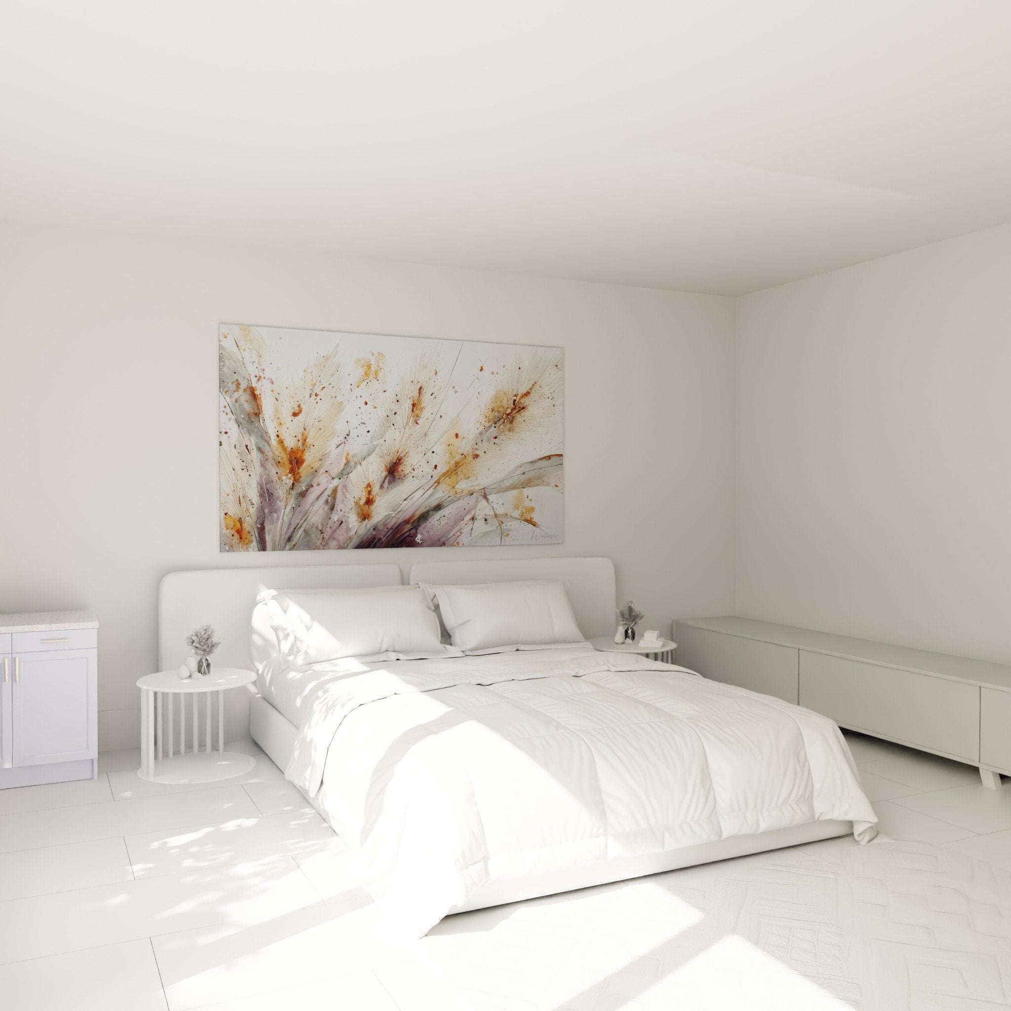 Bedroom wall decoration gramineas artwork golden explosion white wall zen botanical contemporary ambiance