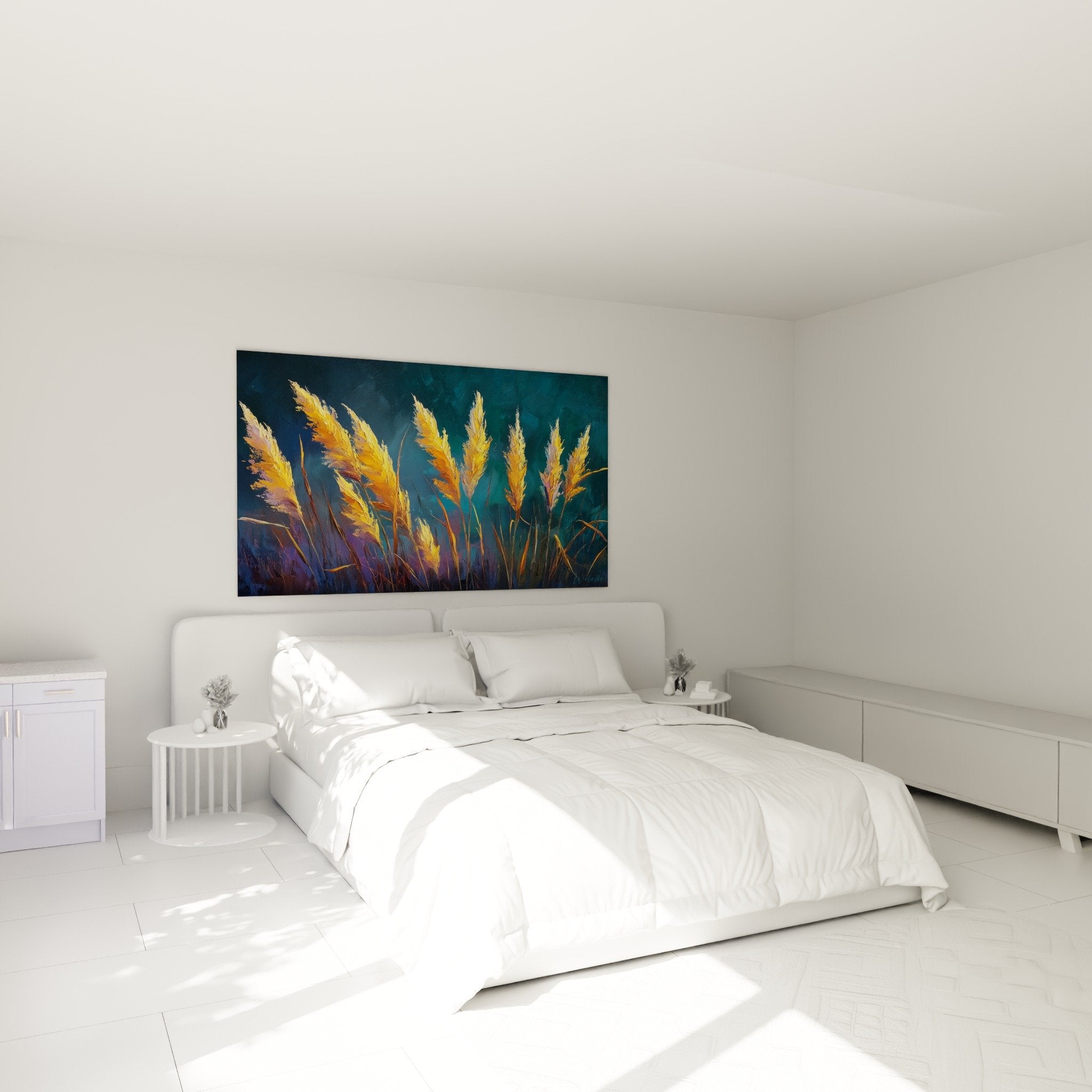 Bedroom wall art golden grasses white wall light wood furniture natural calming ambiance