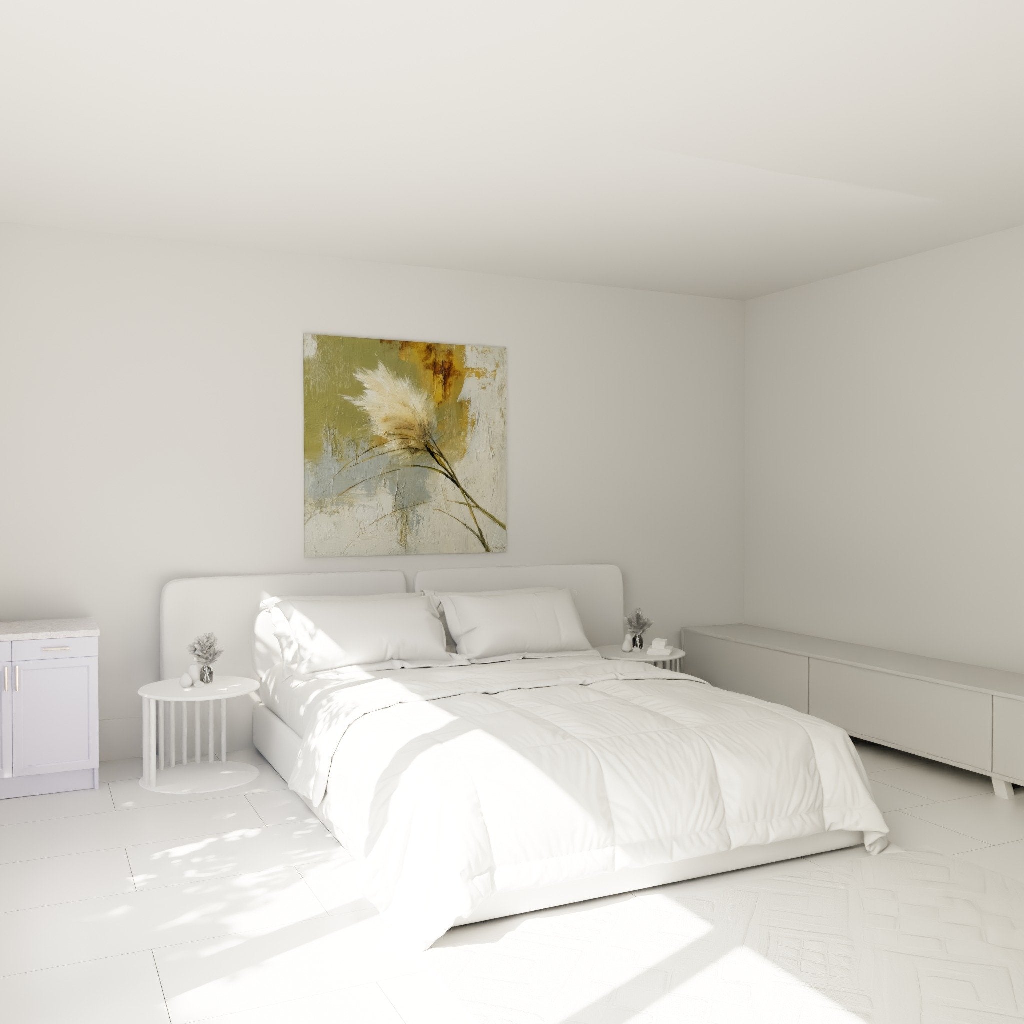 Decoration murale graminées chambre parentale tons beiges dores ambiance zen naturelle