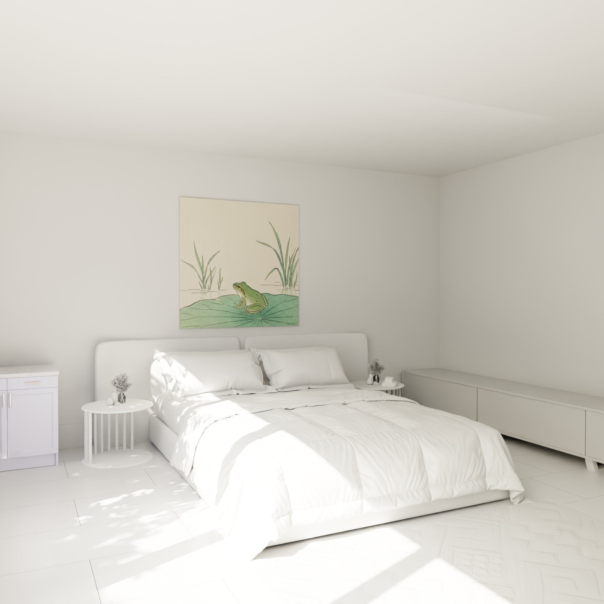 Frog zen wall art bedroom decoration on water lily calming ambiance green beige tones Japanese style