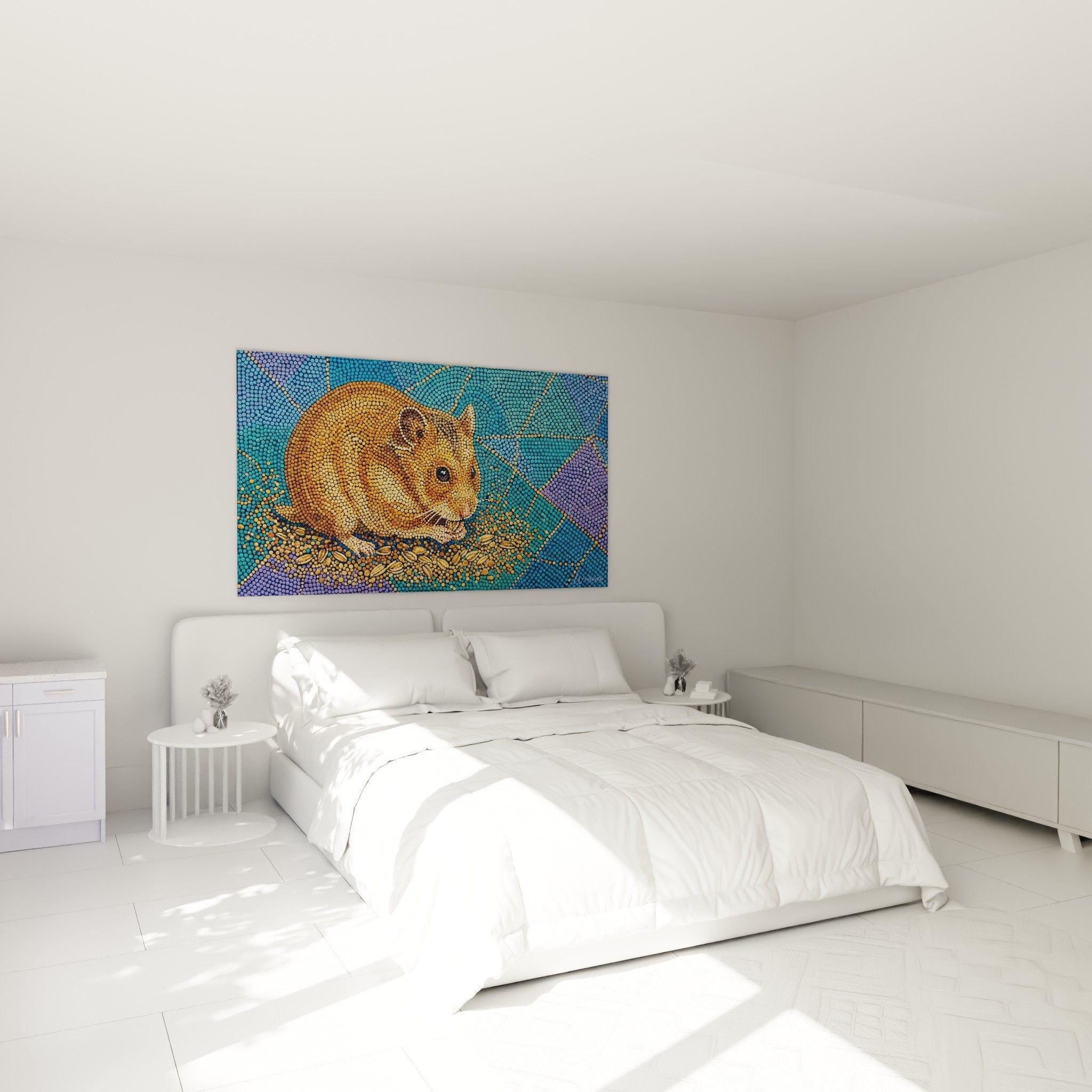 Pointillistisches Hamster-Gemälde in Gold- und Türkistönen dekoriert Schlafzimmer mit warmer Atmosphäre Tier-Wandkunst