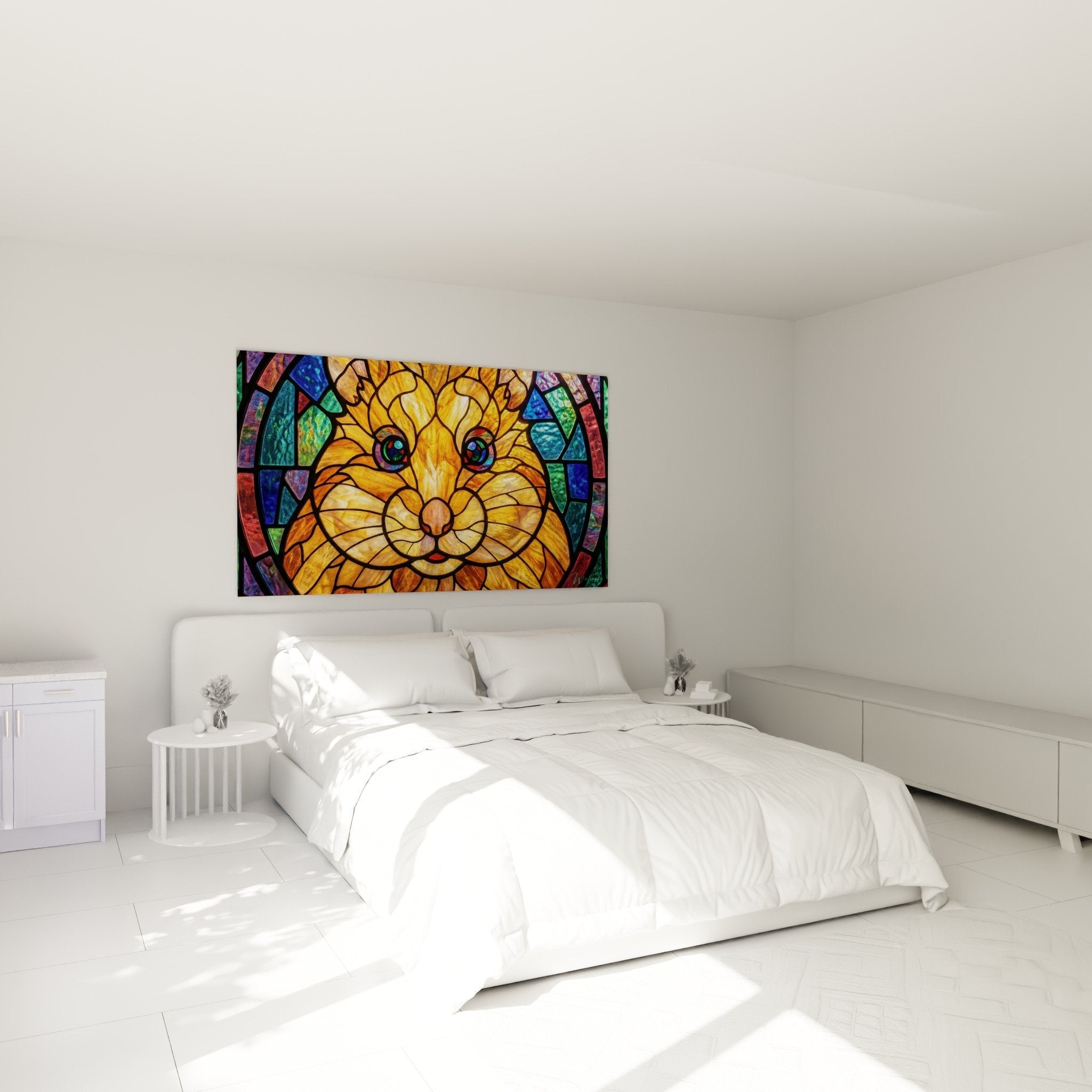 Hamster-Wanddekoration aus farbigem Buntglas im Schlafzimmer mit warmer Atmosphäre in Orangetönen