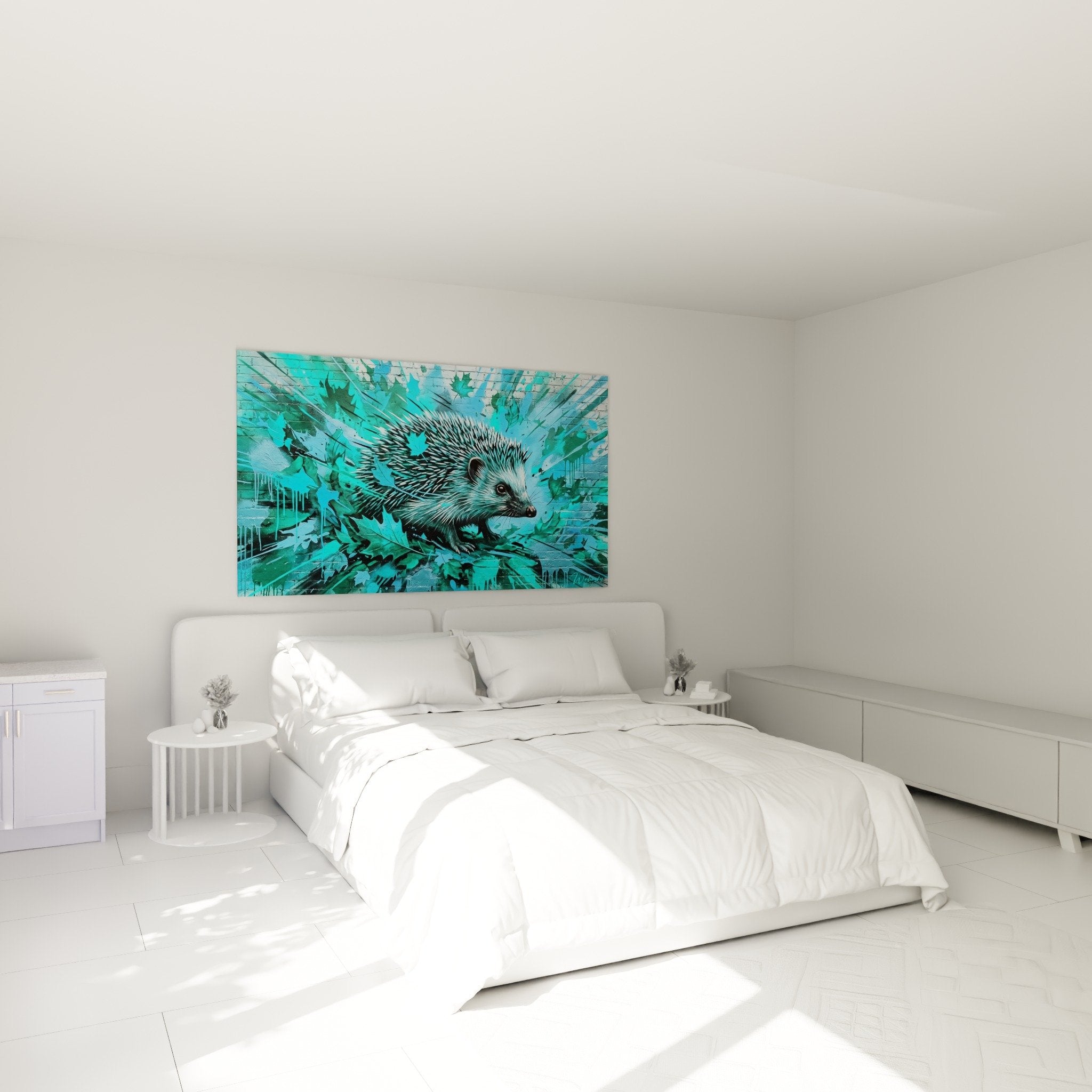 Modernes Schlafzimmer mit türkisem Igel-Gemälde an weißer Wand, zeitgenössische Wanddekoration