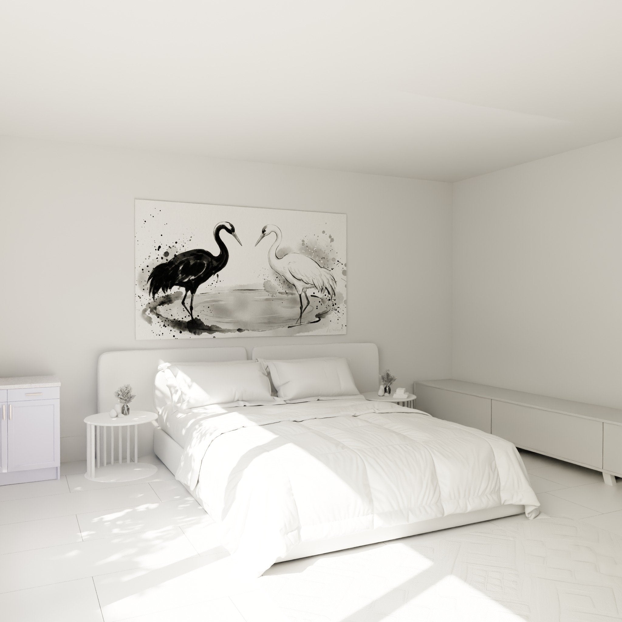 Decoration chambre tableau herons dualite noir blanc aquarelle ambiance zen meditation yin yang
