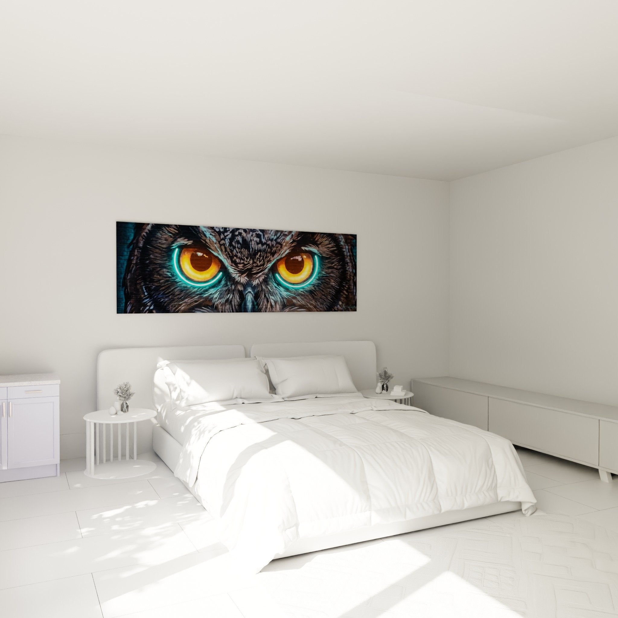 Wanddekoration Schlafzimmer leuchtende Eule orange Augen türkisfarbene Halos urbaner Neon-Stil