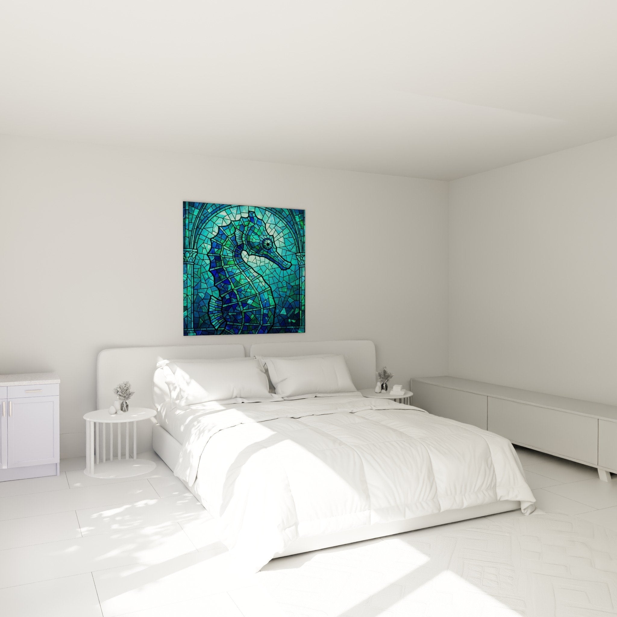 Deco chambre tableau hippocampe mosaique bleu turquoise ambiance marine apaisante