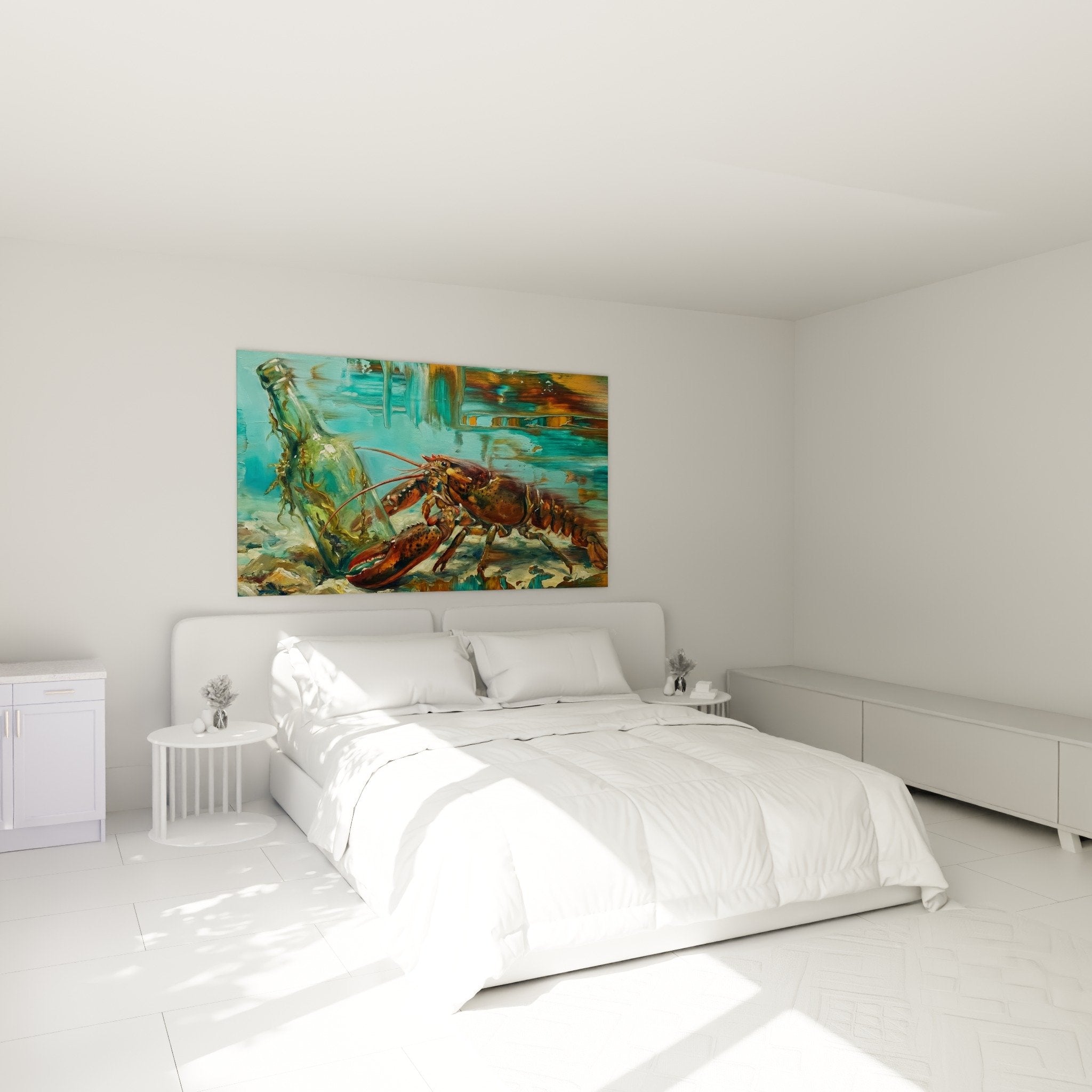 Wanddekoration Hummer Meer Schlafzimmer beruhigende Atmosphäre Türkisblau Kupfer aquatisches Gemälde elegant