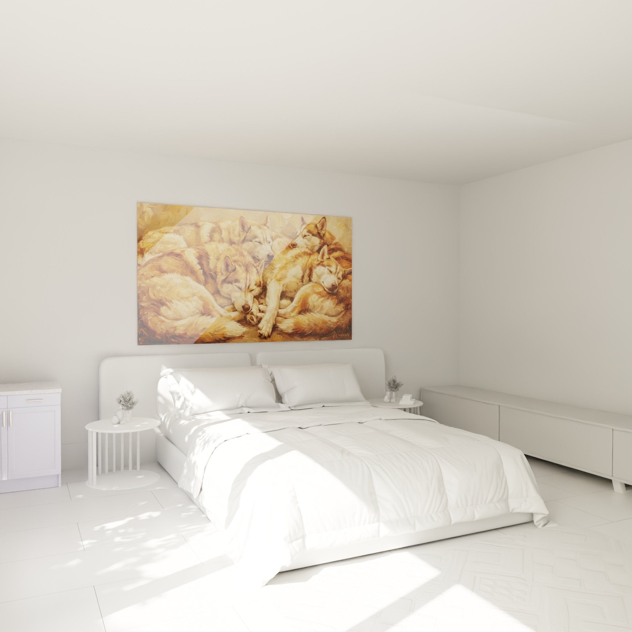 decoration chambre tableau chiens huskies au repos ambiance cocooning tons chauds