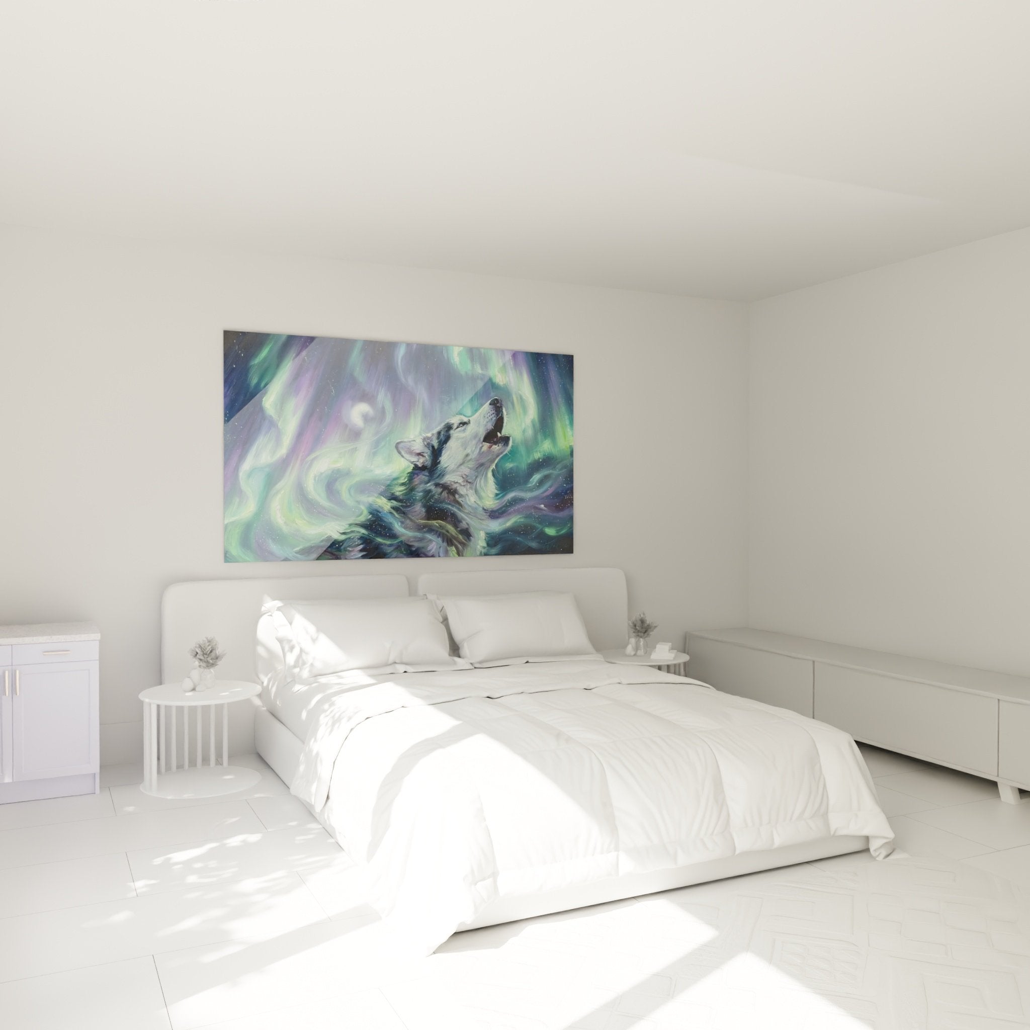 Déco chambre tableau husky polaire aurores boréales ambiance mystique nordique mur gris mobilier scandinave