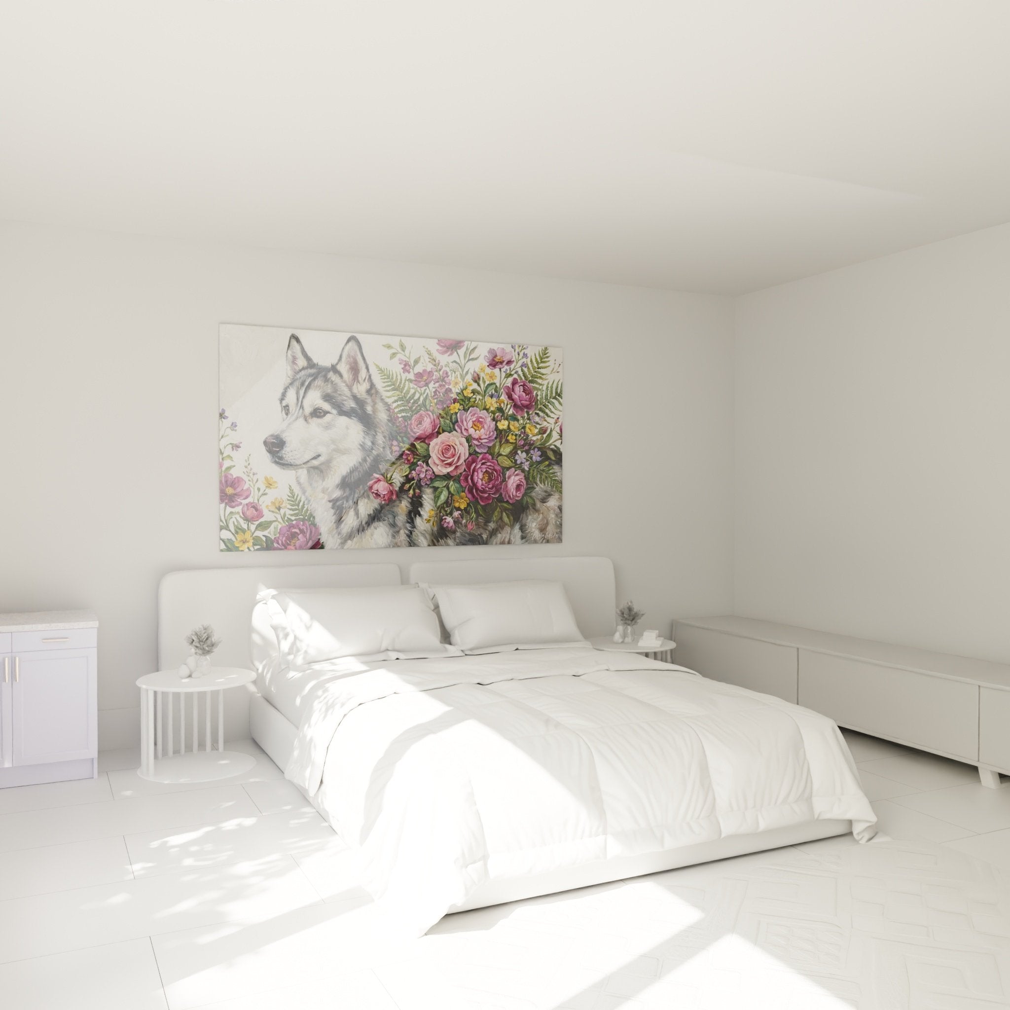 Déco chambre tableau Husky Sibérien floral pivoines roses mur blanc mobilier contemporain ambiance raffinée
