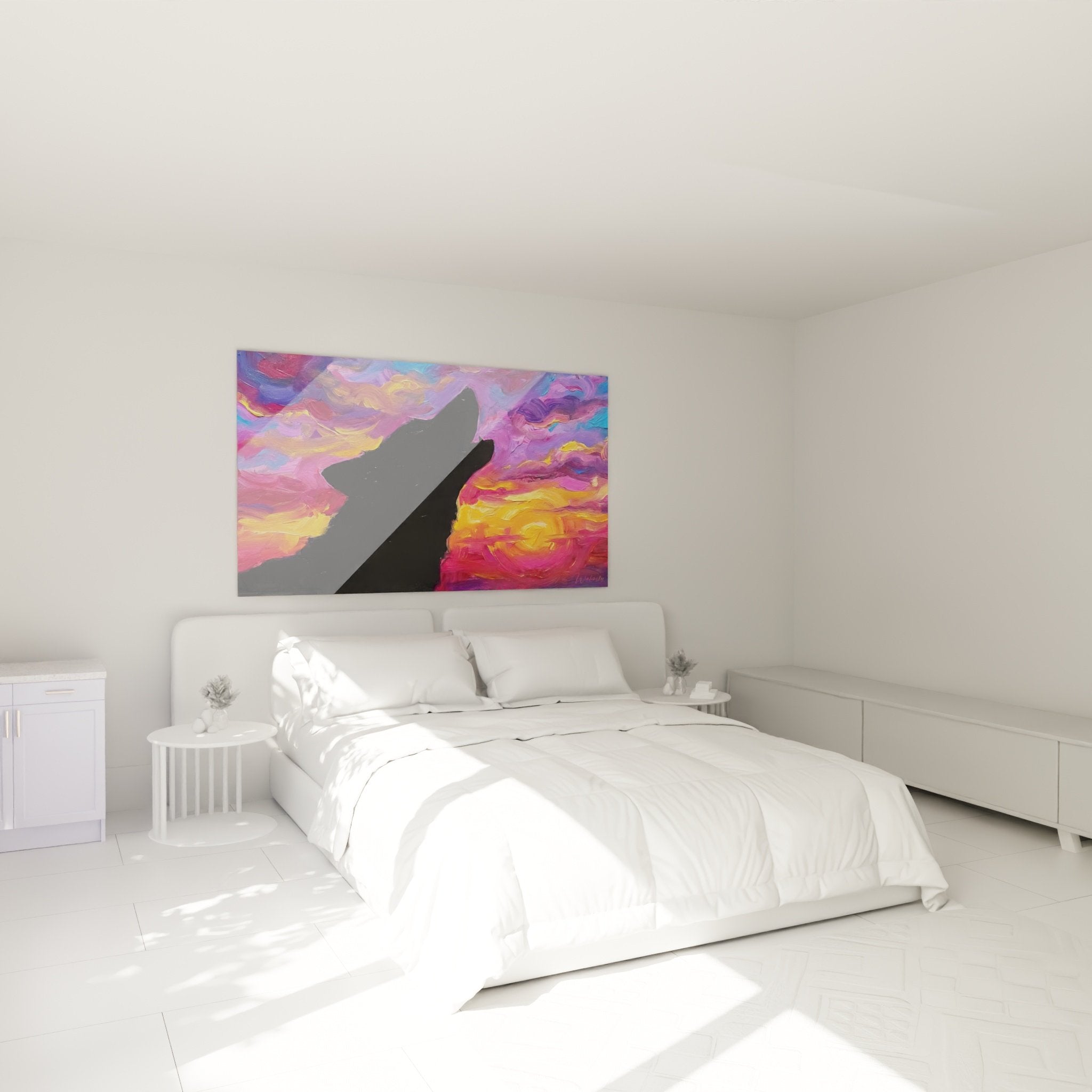 Schlafzimmer Dekoration Husky Silhouette Gemälde farbiger Himmel violett orange modernes Ambiente
