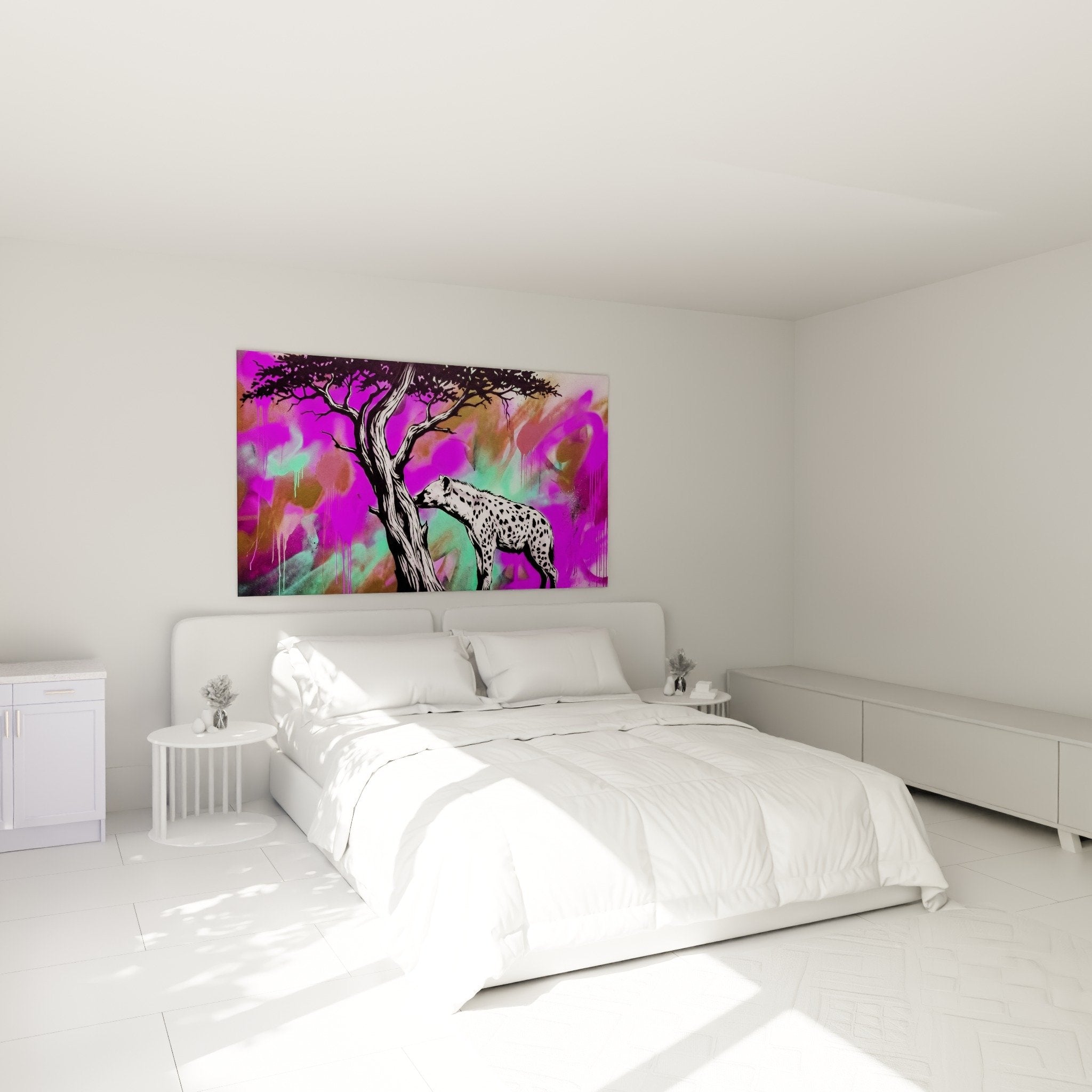 Hyänenbild Wanddeko Schlafzimmer zeitgenössisch leuchtende Farben Violett Grün moderner Einrichtungsstil