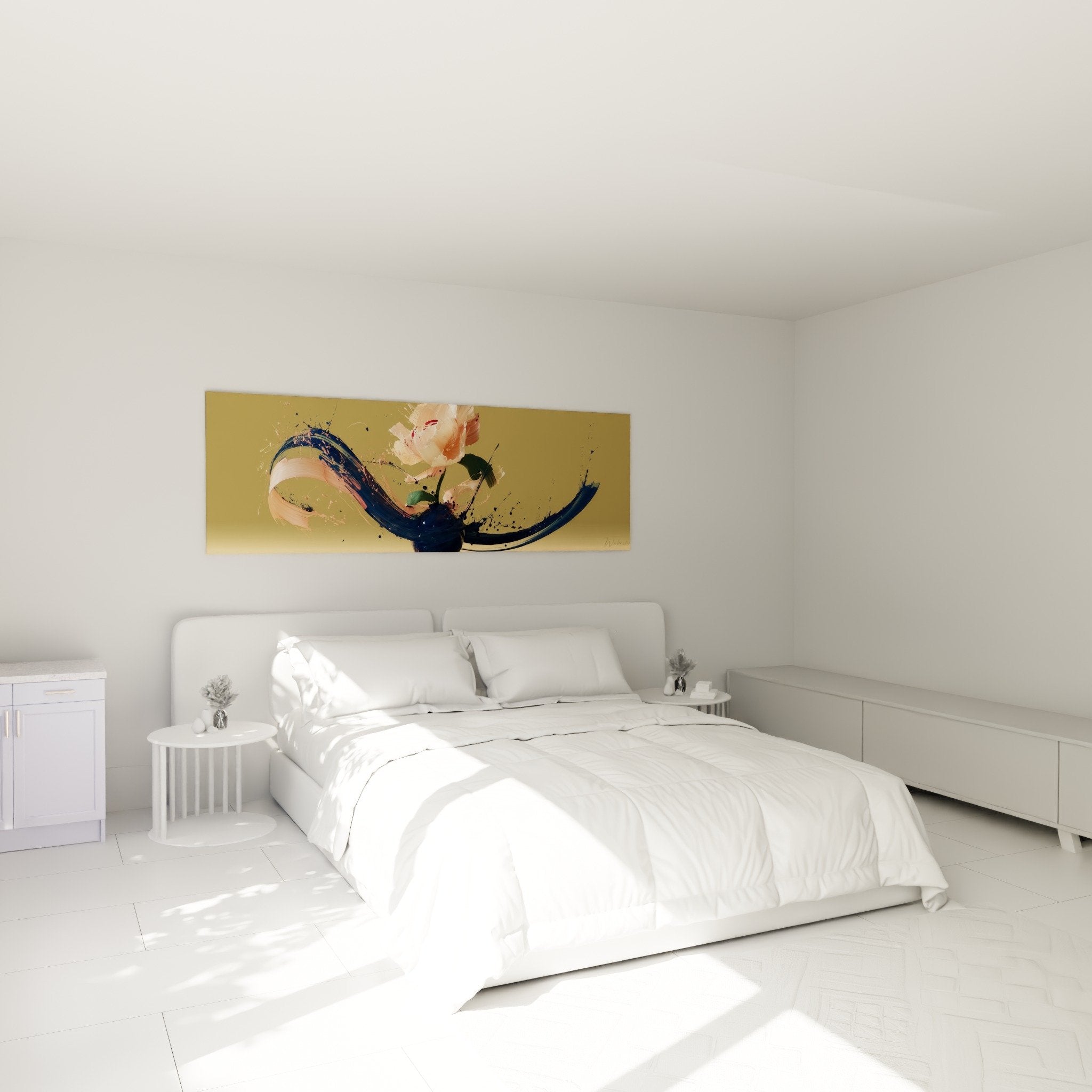 Decoration chambre tableau ikebana floral abstrait couleurs douces ambiance zen moderne japonaise