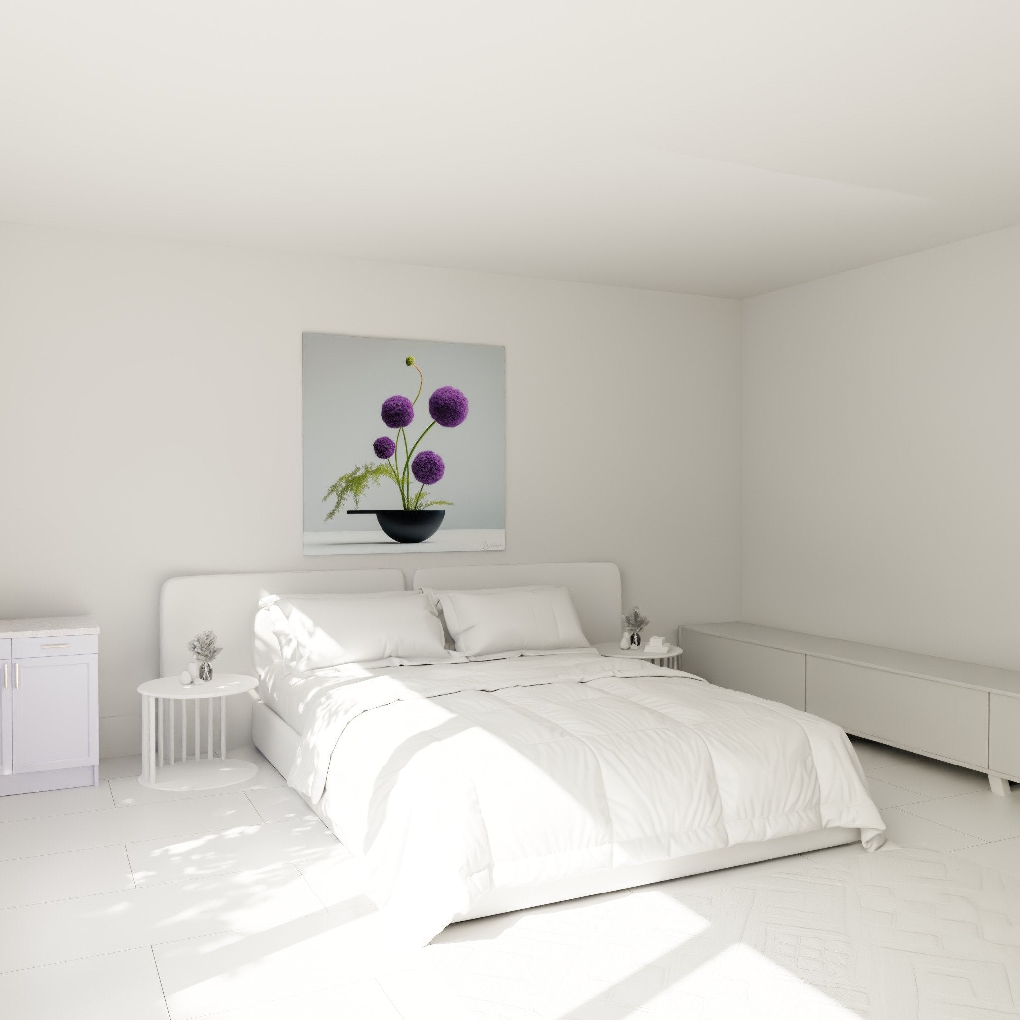Deco chambre tableau ikebana spheres violettes composition florale zen art japonais mur blanc epure