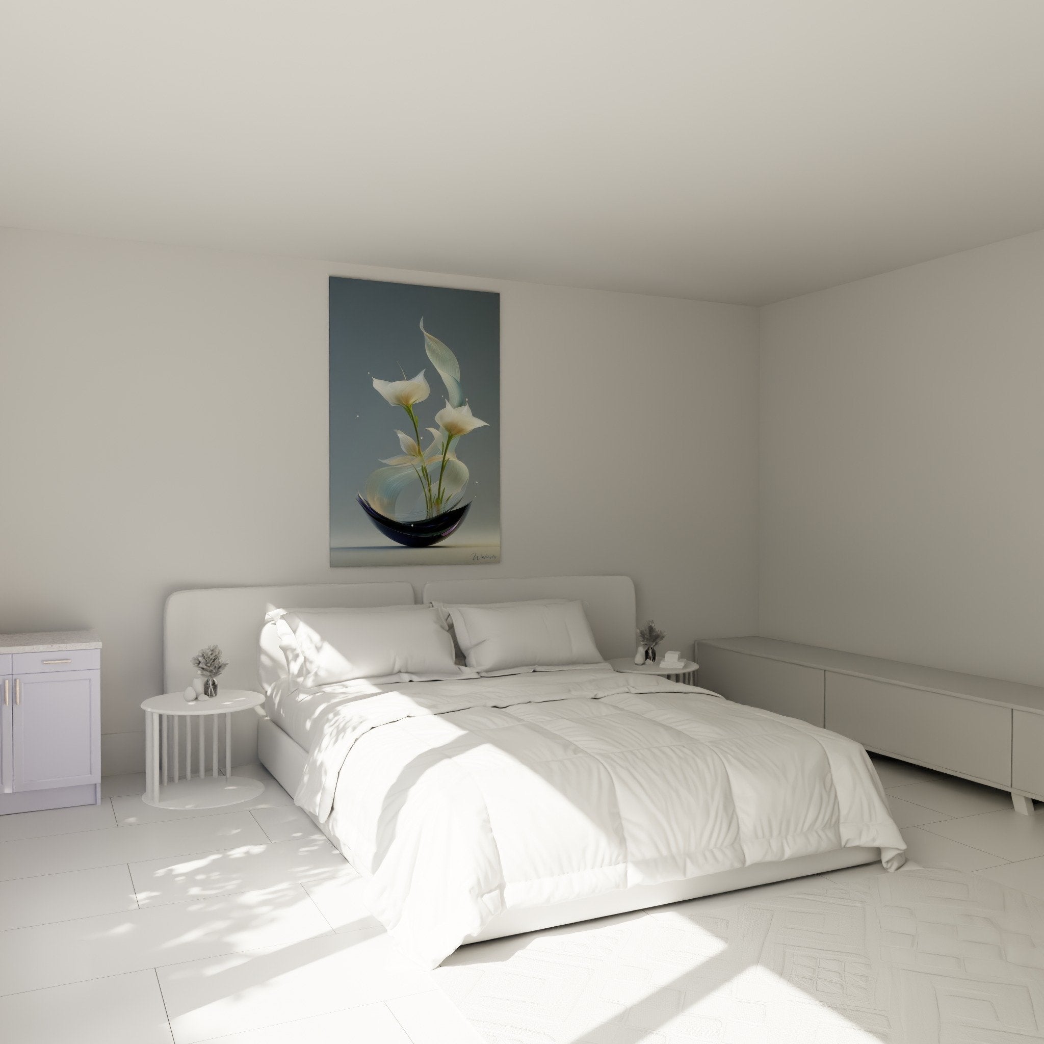 Wall decoration bedroom ikebana black vase white flowers zen calm minimalist modern ambiance