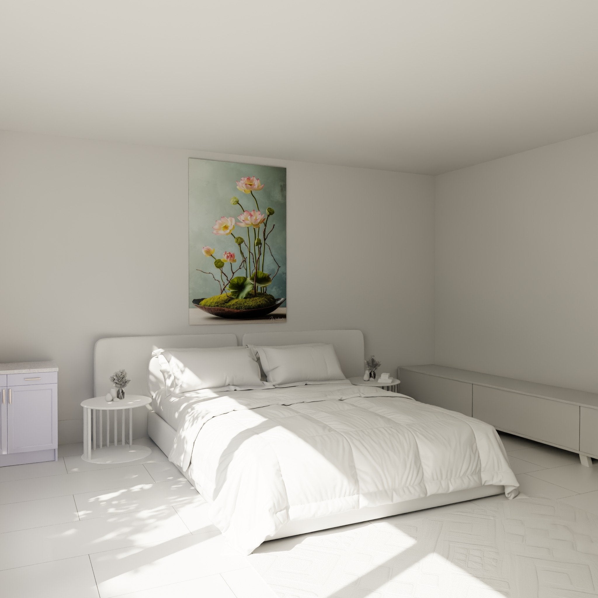 Tableau ikebana lotus roses décorant une chambre zen aux tons naturels et apaisants
