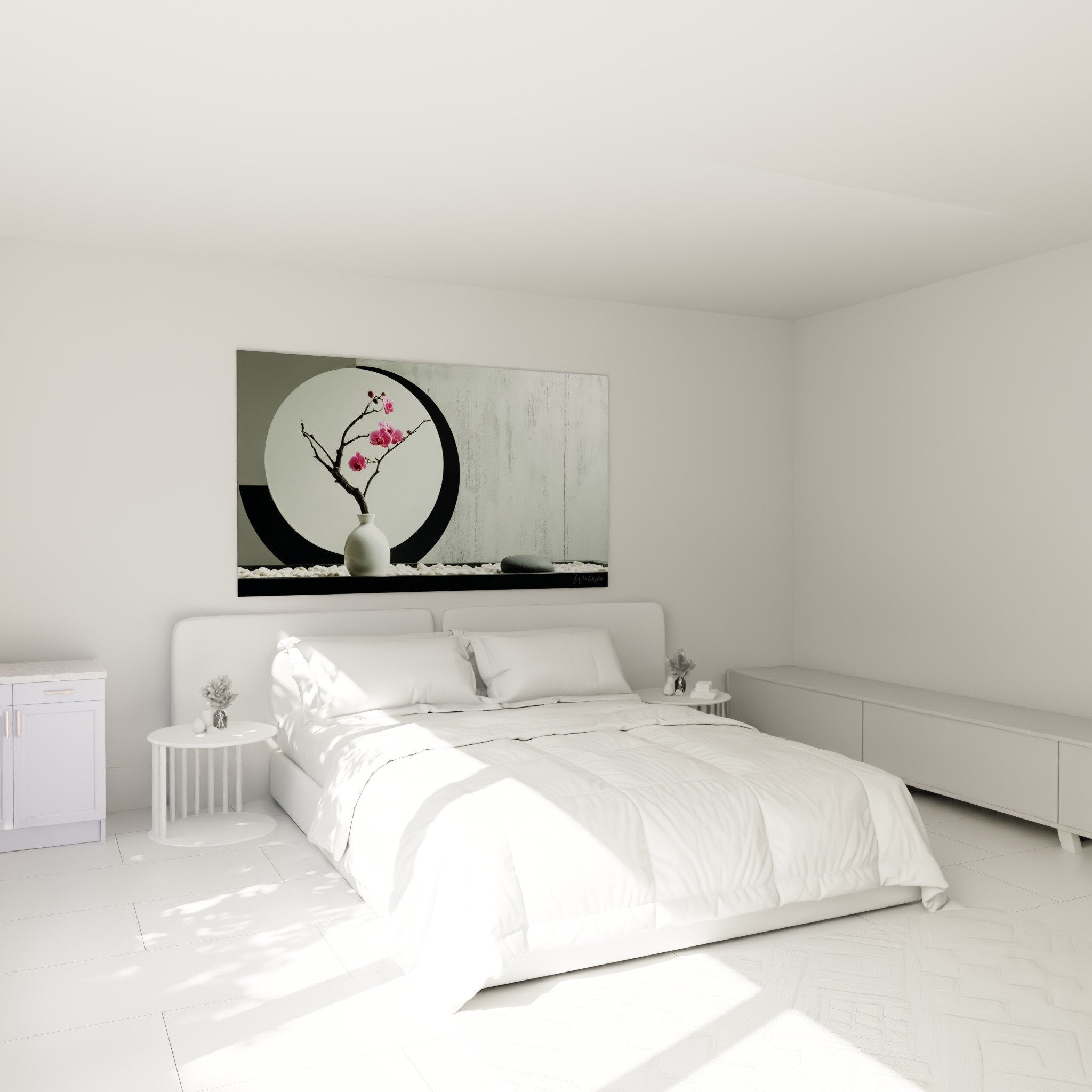 Ikebana wall decoration pink orchids minimalist zen bedroom soothing ambiance meditation