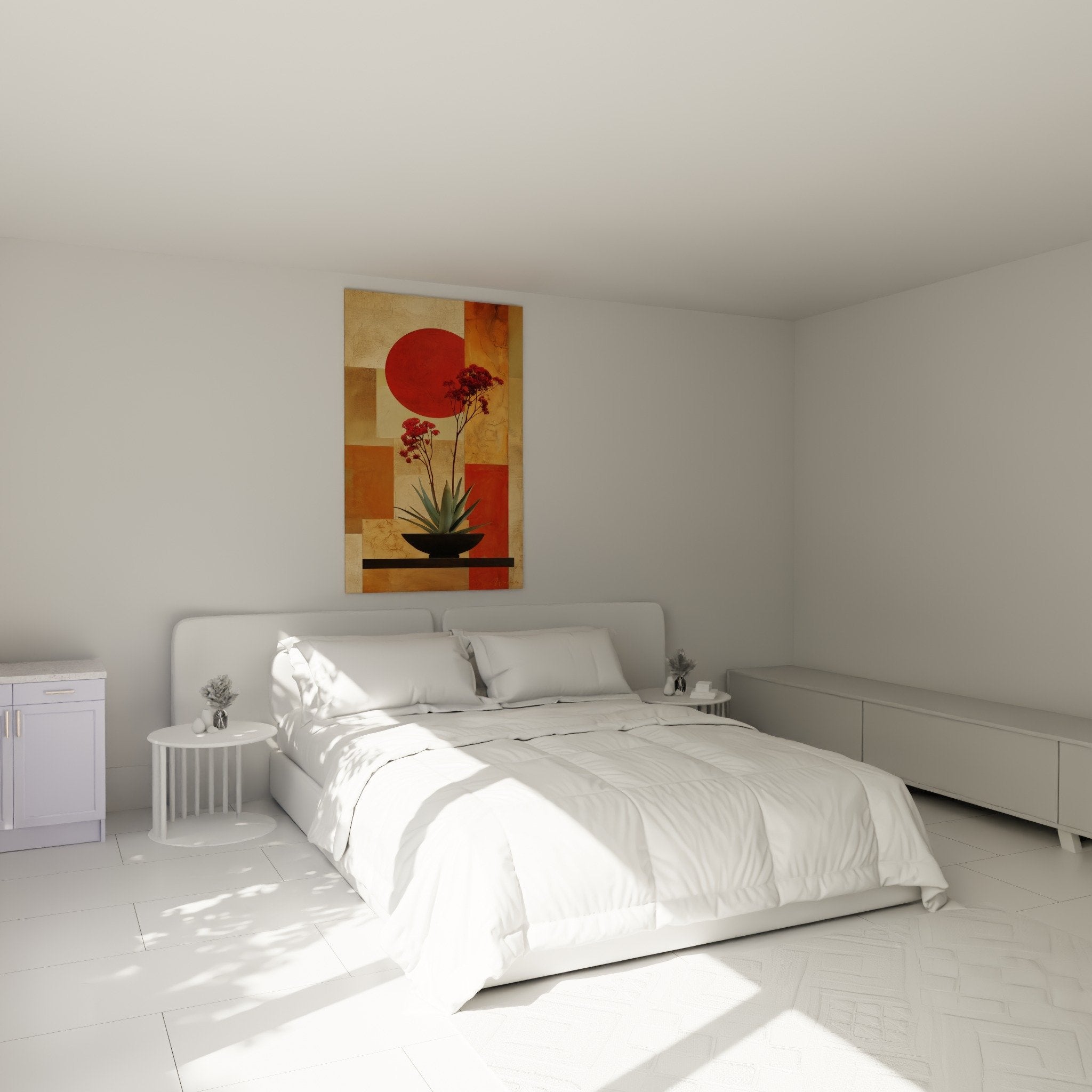 Ikebana wall decor bedroom zen ambiance warm colors red orange beige