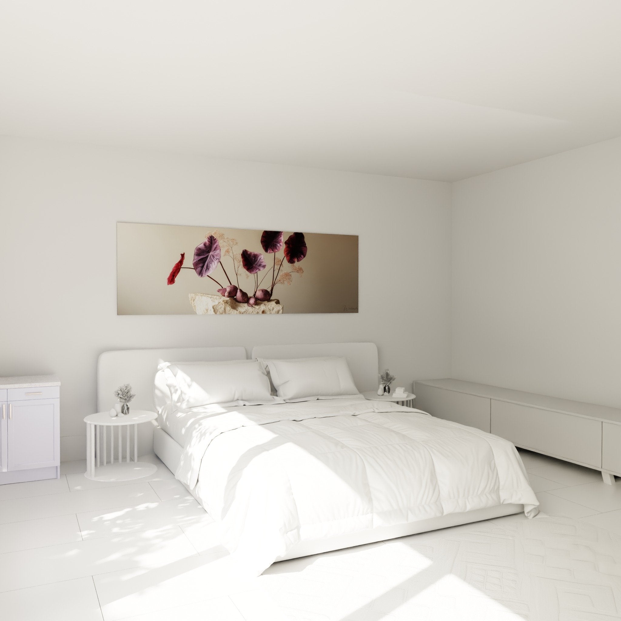 Decoration murale Ikebana feuilles violettes dans chambre moderne, ambiance apaisante et zen